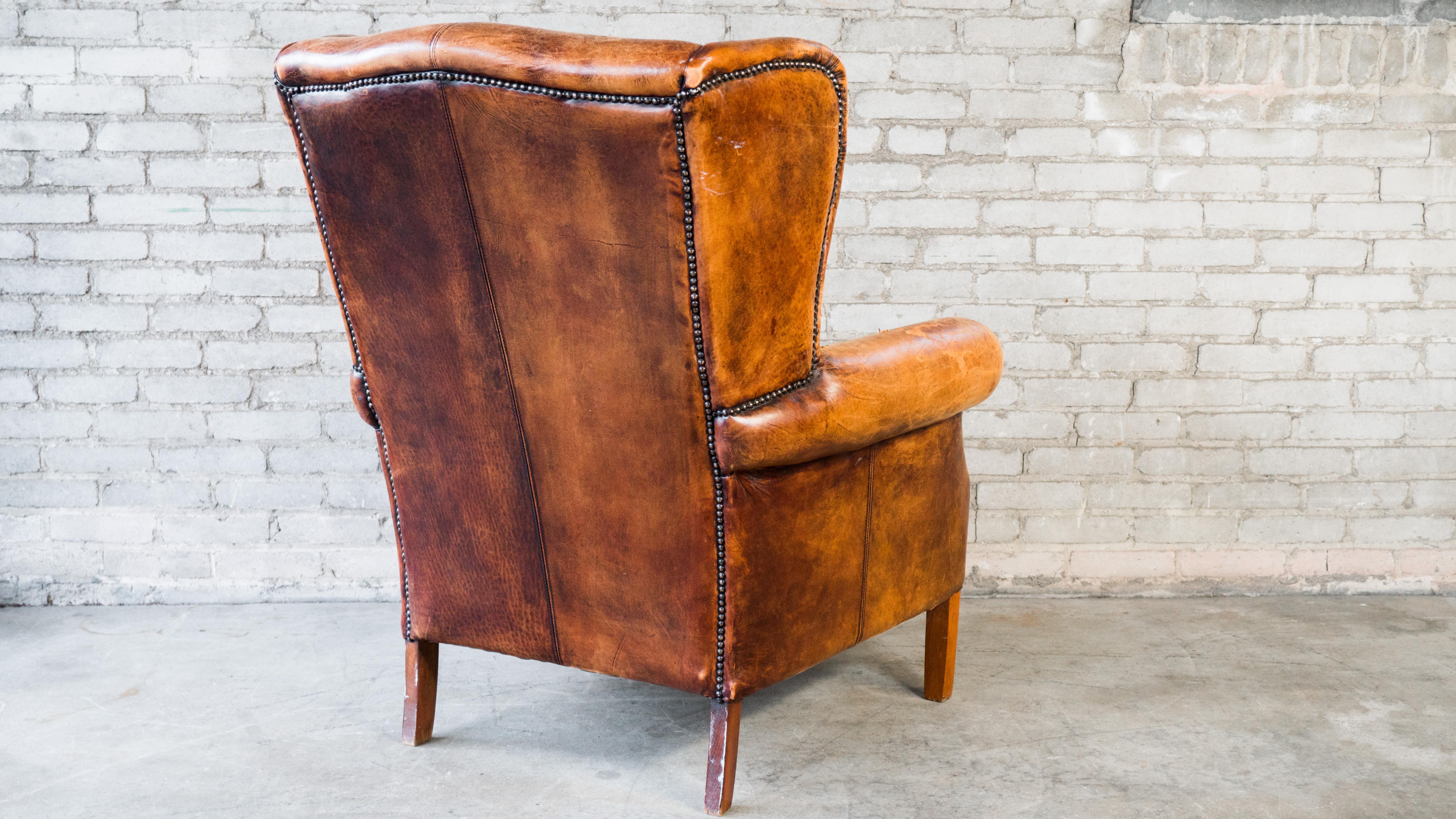 1970s Vintage Art Deco Distressed Leather Wingback Chair 5