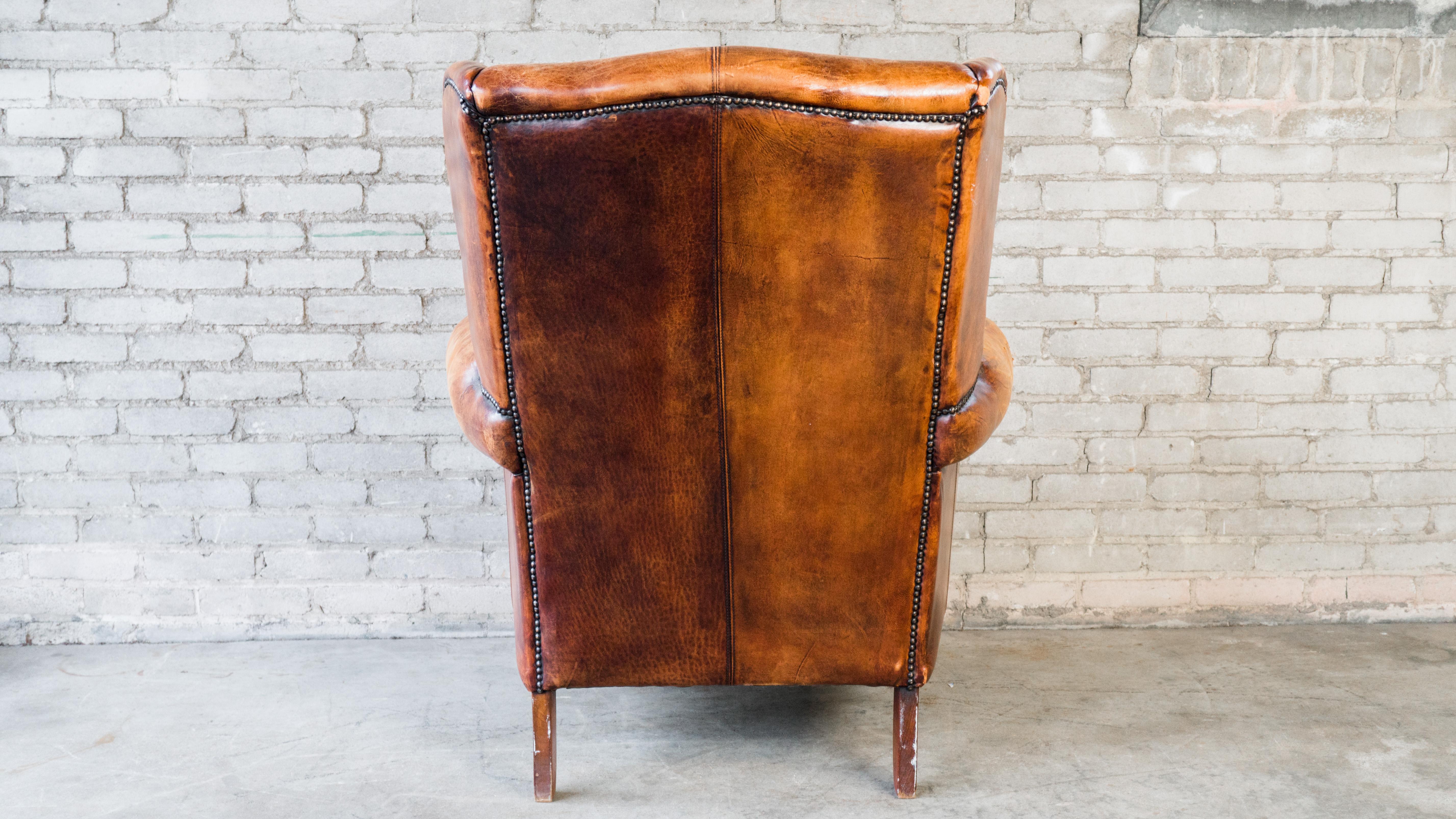1970s Vintage Art Deco Distressed Leather Wingback Chair 6