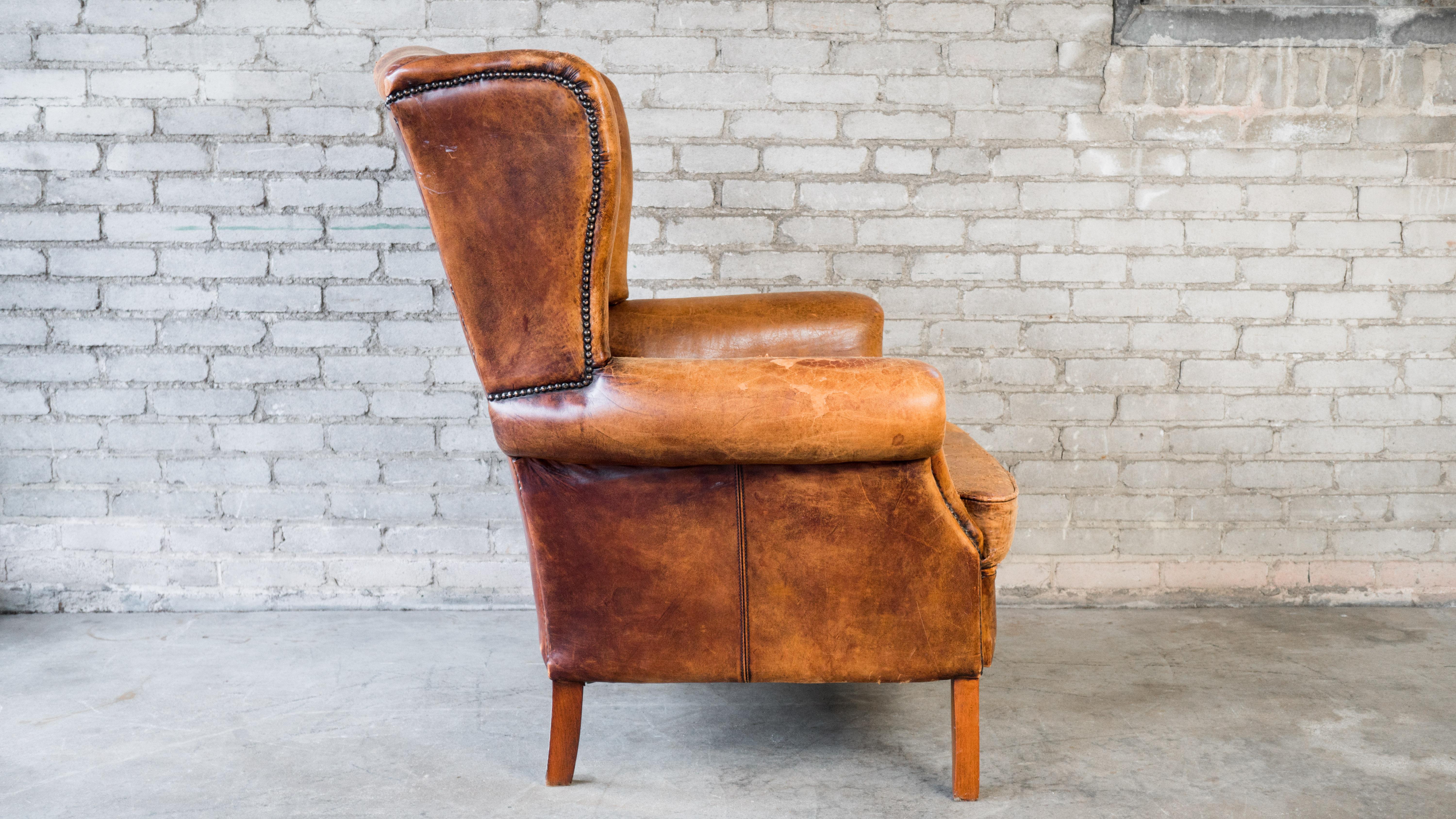 1970s Vintage Art Deco Distressed Leather Wingback Chair 3