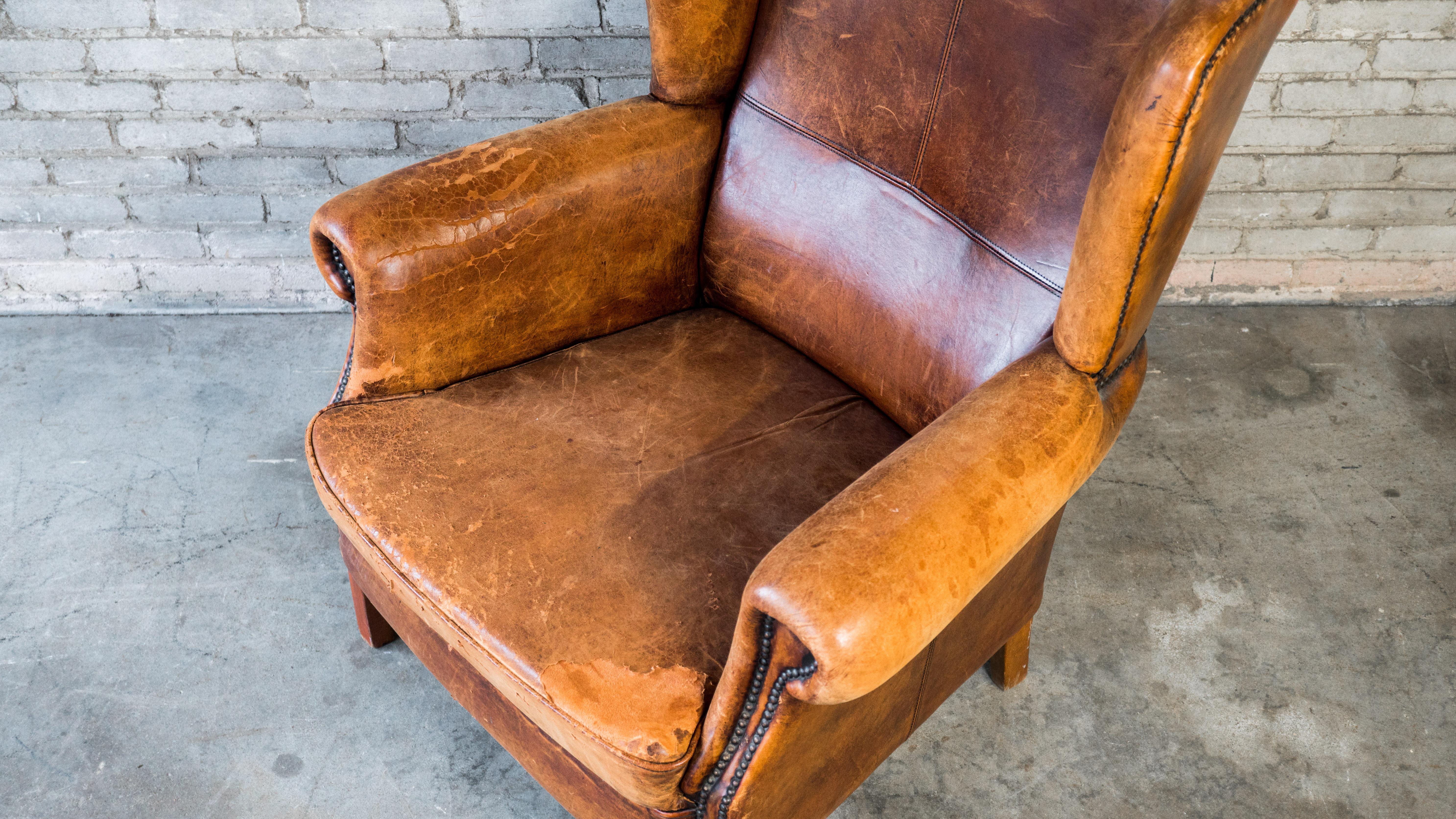 1970s Vintage Art Deco Distressed Leather Wingback Chair 4