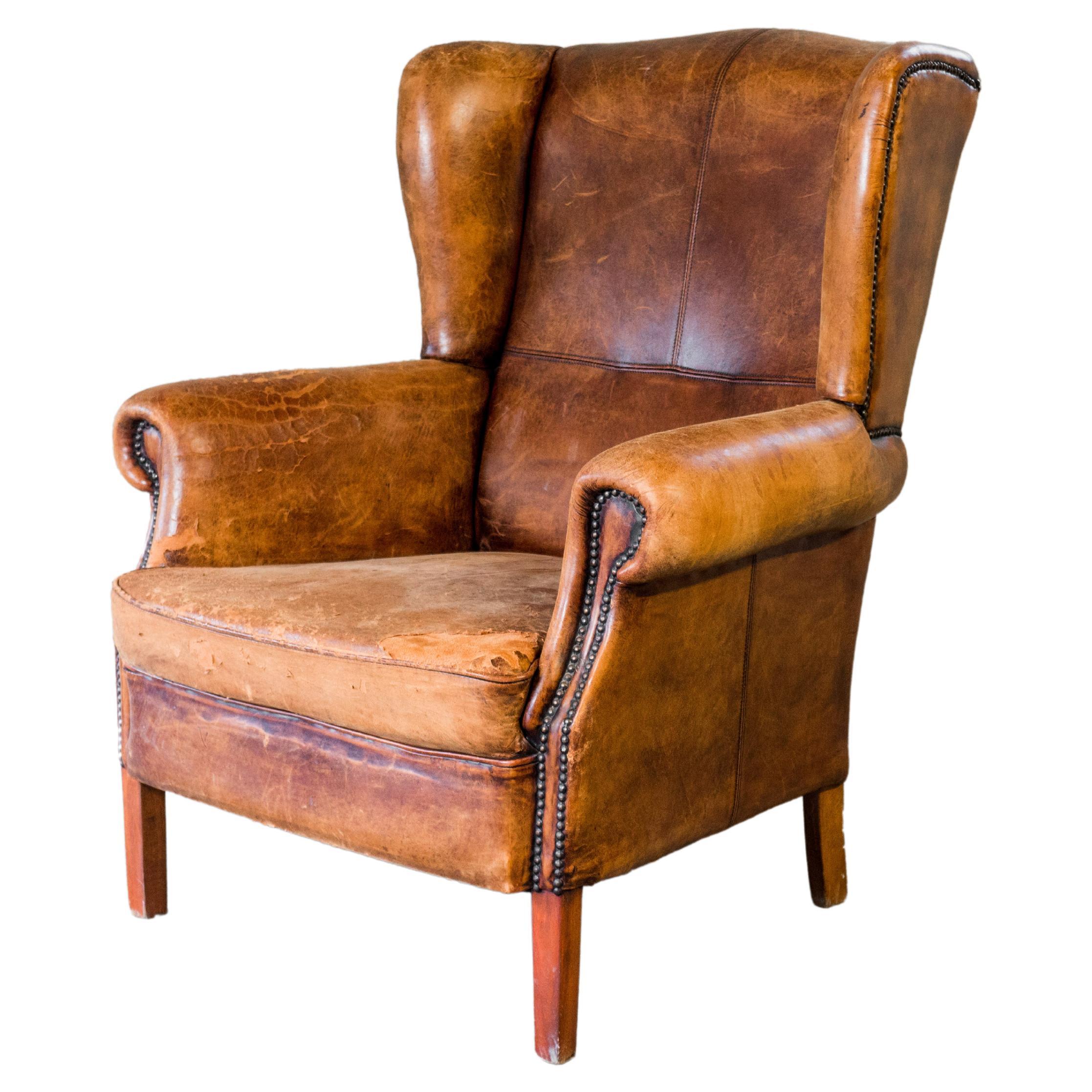 1970s Vintage Art Deco Distressed Leather Wingback Chair