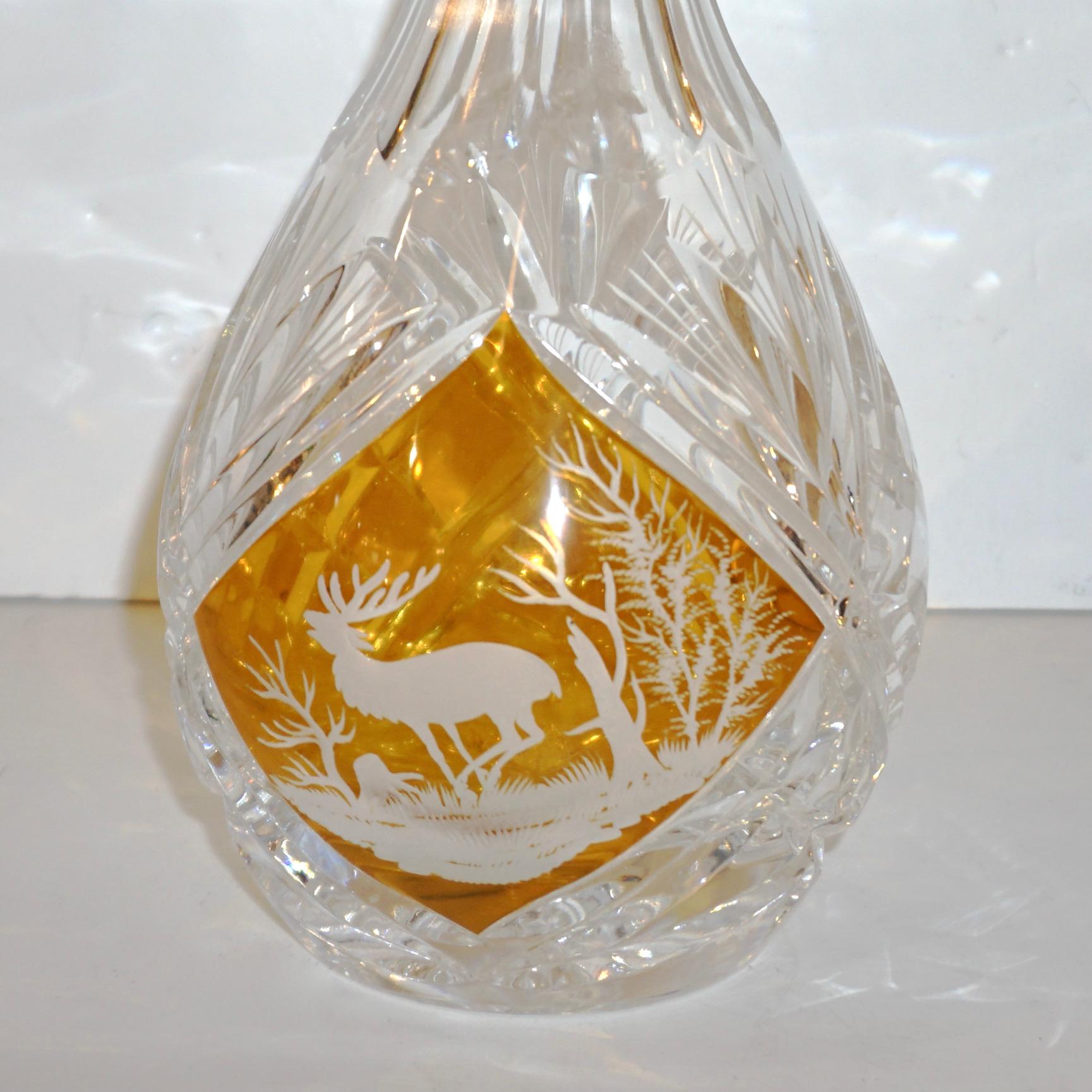 1970s Vintage Austrian Animal Engraved Overlaid Gold Amber Glass Liqueur Bottle For Sale 3