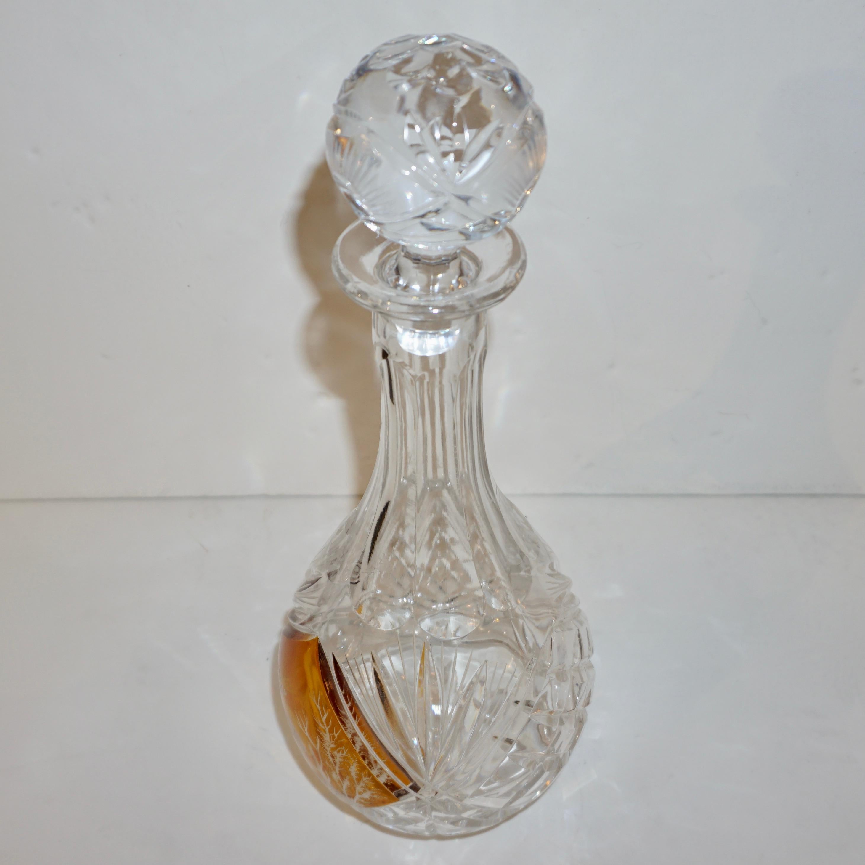 1970s Vintage Austrian Animal Engraved Overlaid Gold Amber Glass Liqueur Bottle For Sale 4