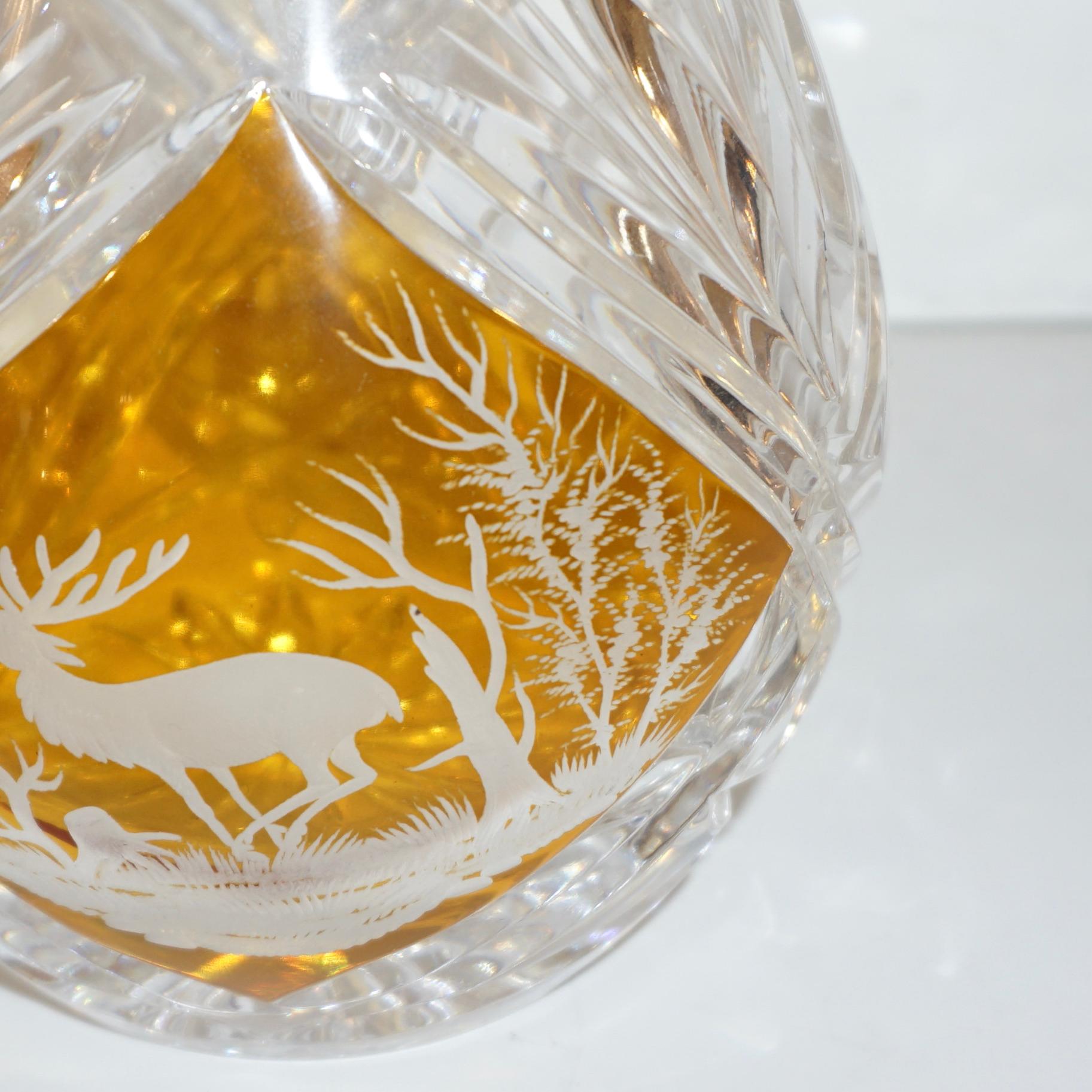 1970s Vintage Austrian Animal Engraved Overlaid Gold Amber Glass Liqueur Bottle For Sale 8