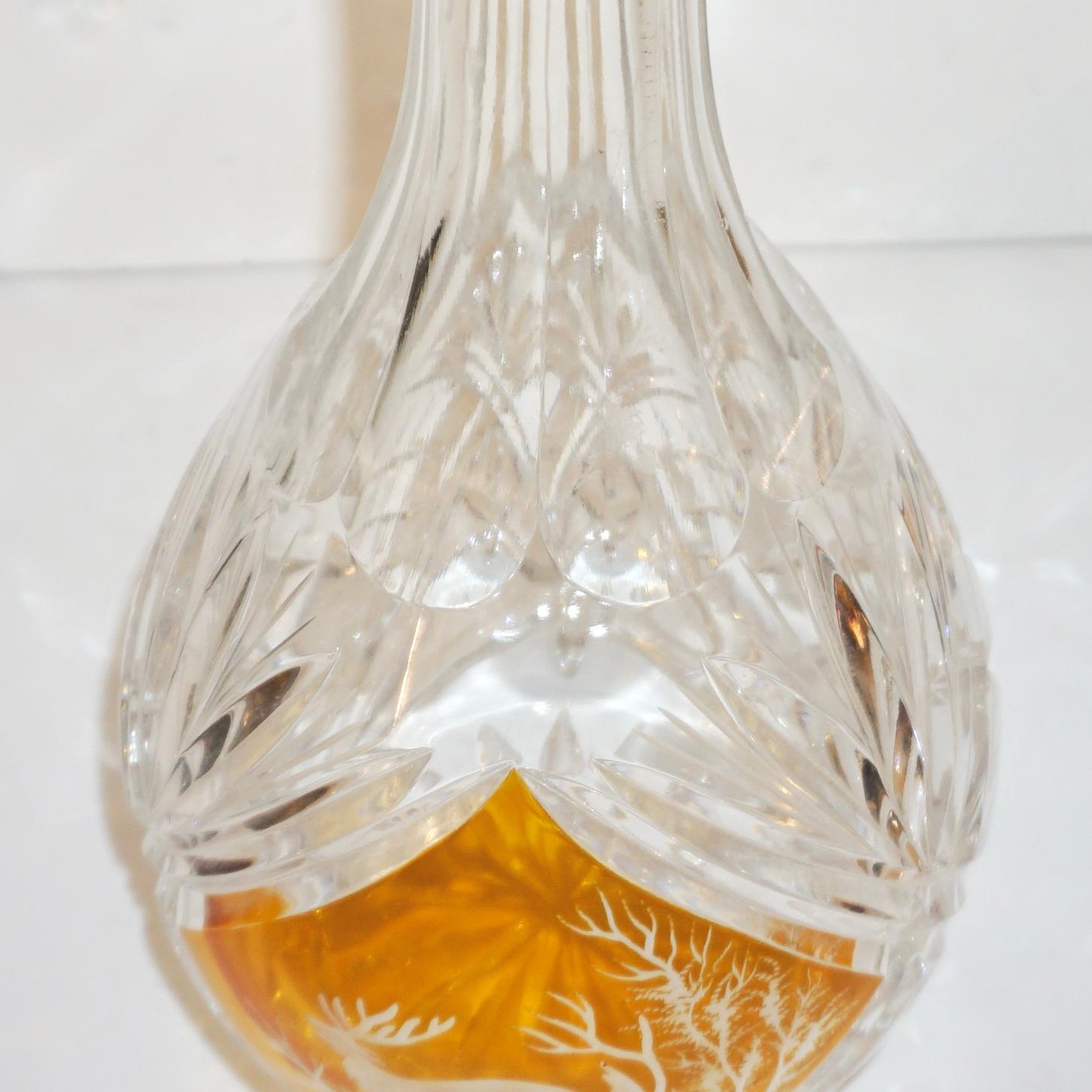 1970s Vintage Austrian Animal Engraved Overlaid Gold Amber Glass Liqueur Bottle In Excellent Condition For Sale In New York, NY