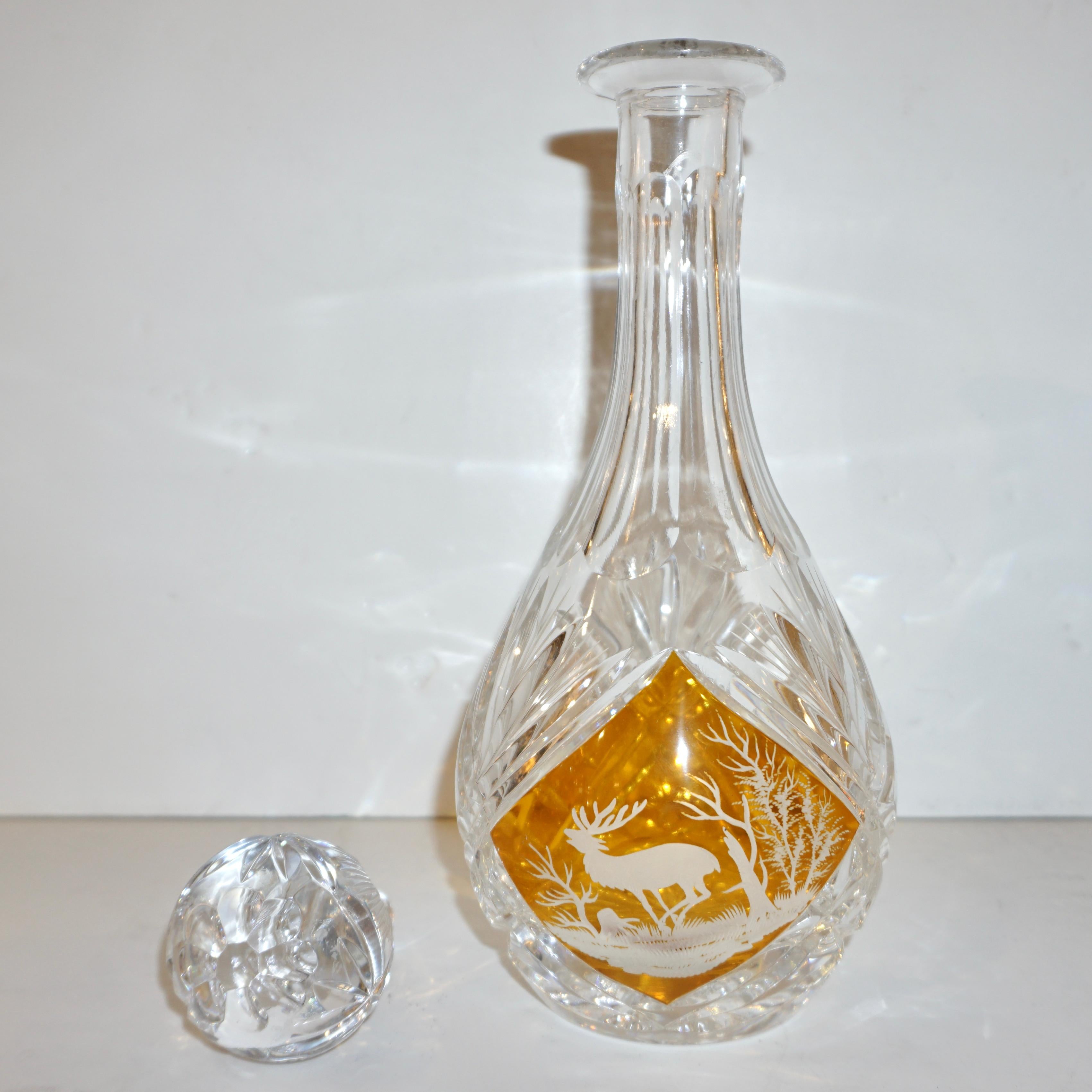 Art Glass 1970s Vintage Austrian Animal Engraved Overlaid Gold Amber Glass Liqueur Bottle For Sale