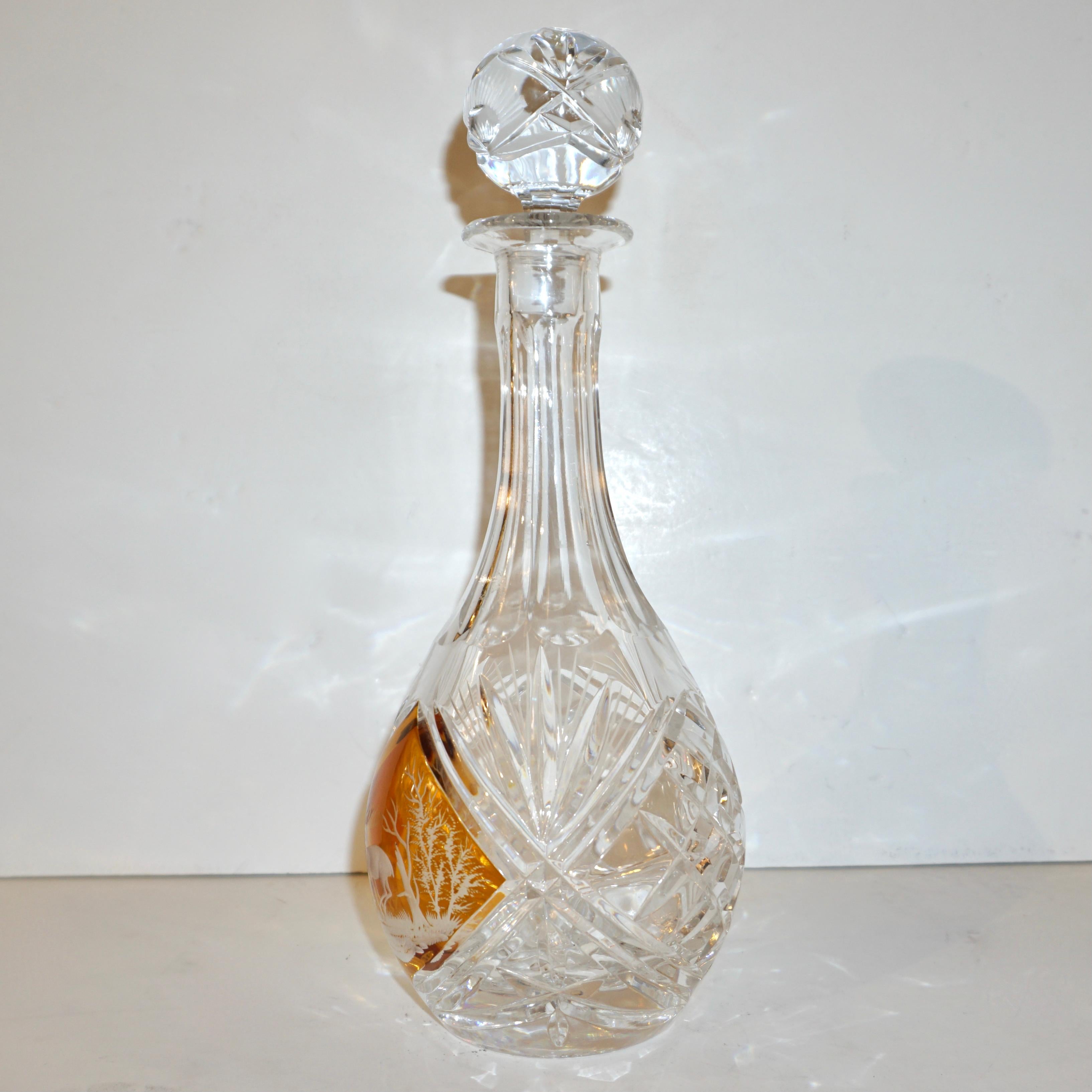 1970s Vintage Austrian Animal Engraved Overlaid Gold Amber Glass Liqueur Bottle For Sale 1