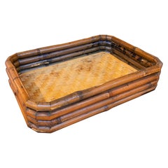 1970er Vintage Tablett aus Bambus und geflochtenem Rattan, Hollywood Regency Stil.