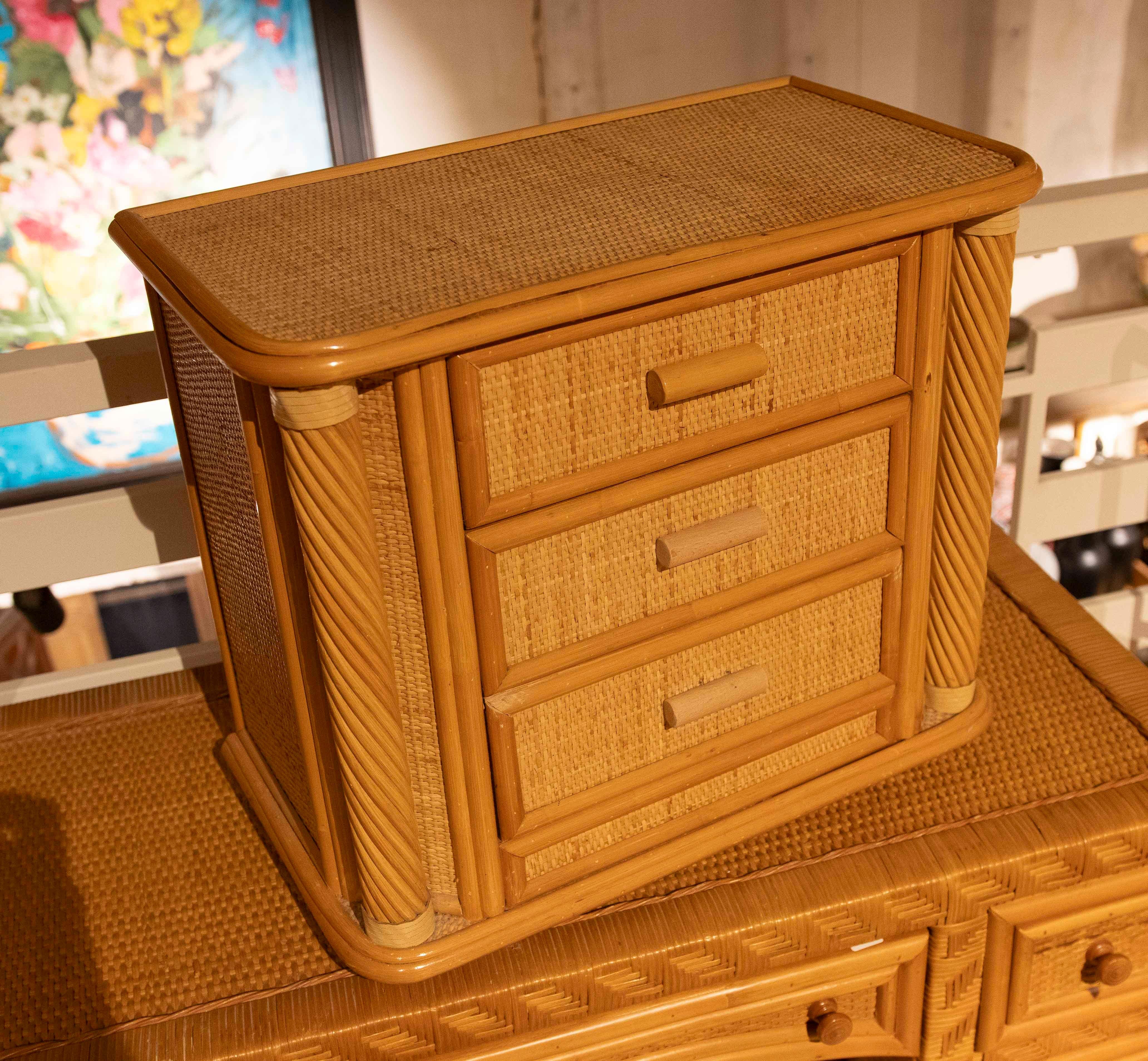 Spanish 1970s Vintage Bamboo and Rattan Lattice Nightstand with Three Drawers For Sale