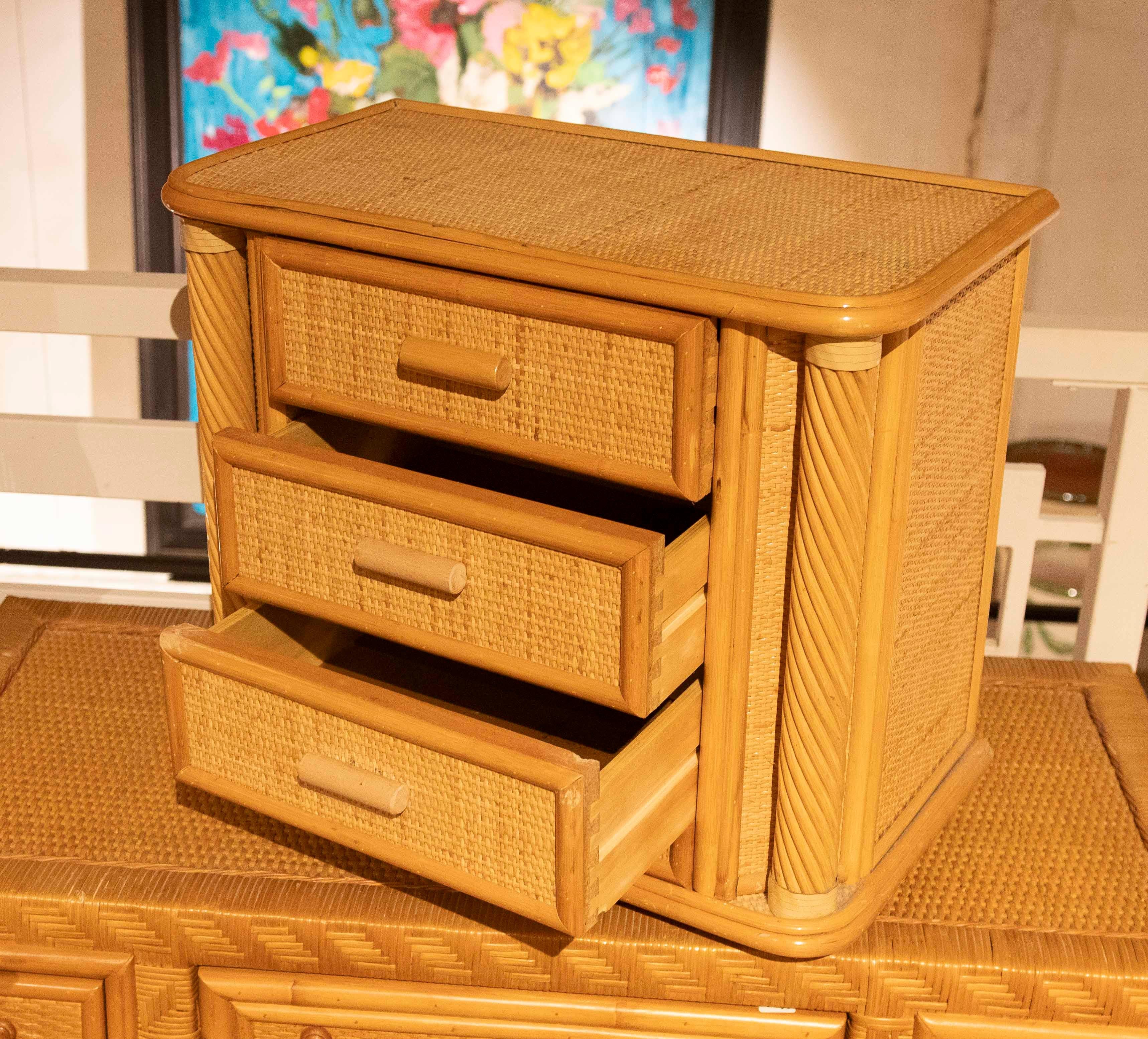 20th Century 1970s Vintage Bamboo and Rattan Lattice Nightstand with Three Drawers For Sale