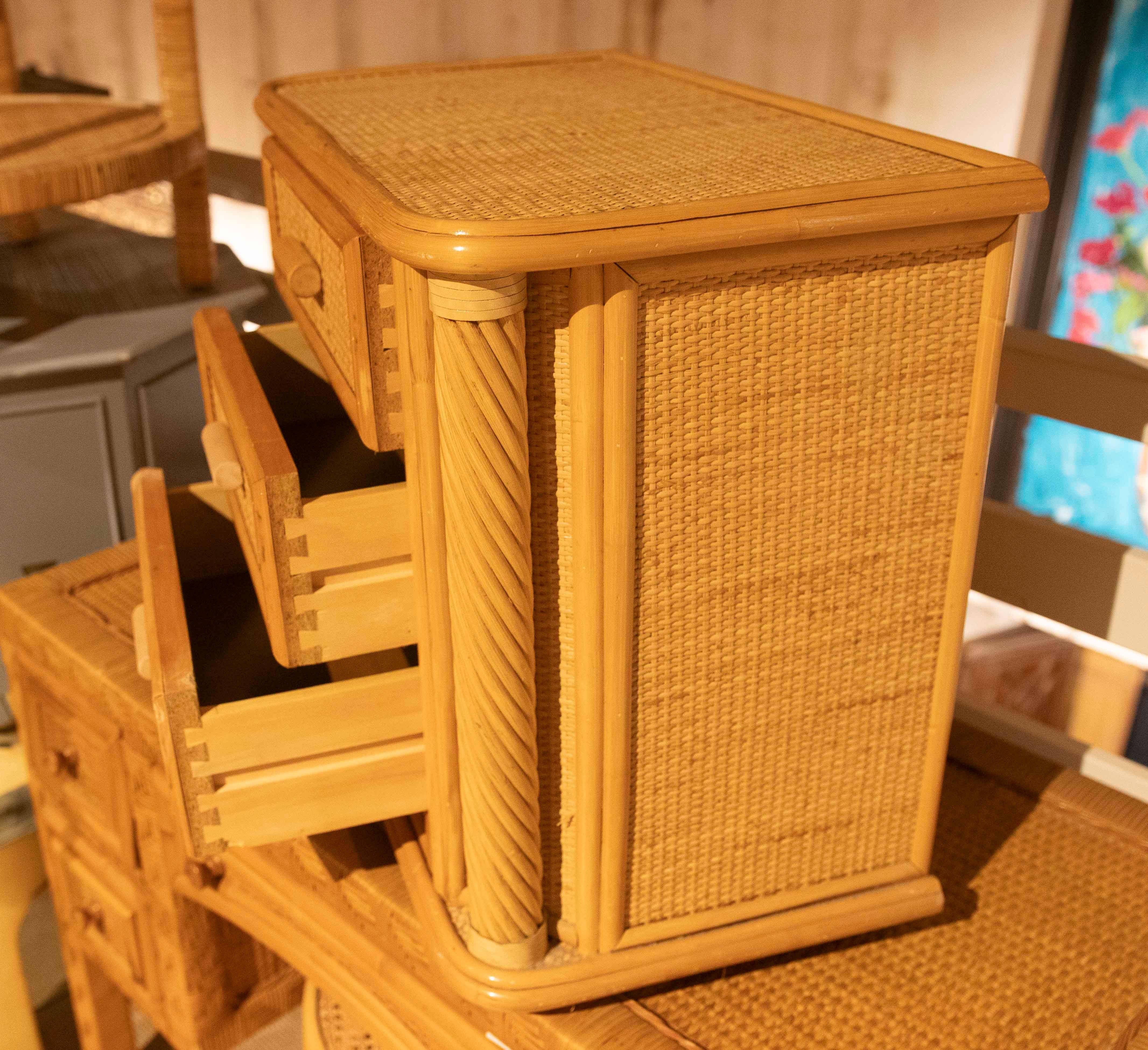 1970s Vintage Bamboo and Rattan Lattice Nightstand with Three Drawers For Sale 1