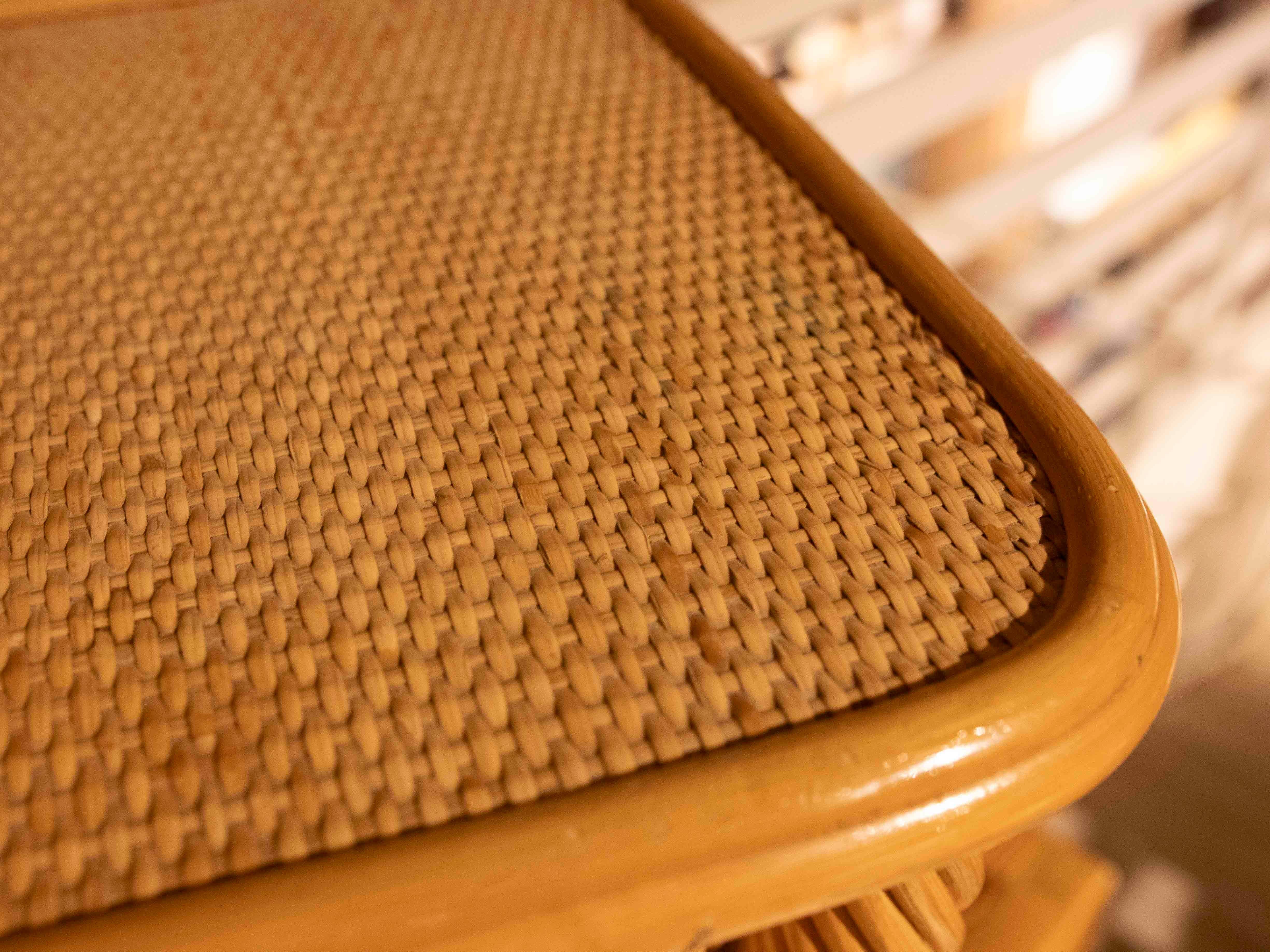 1970s Vintage Bamboo and Rattan Lattice Nightstand with Three Drawers For Sale 2