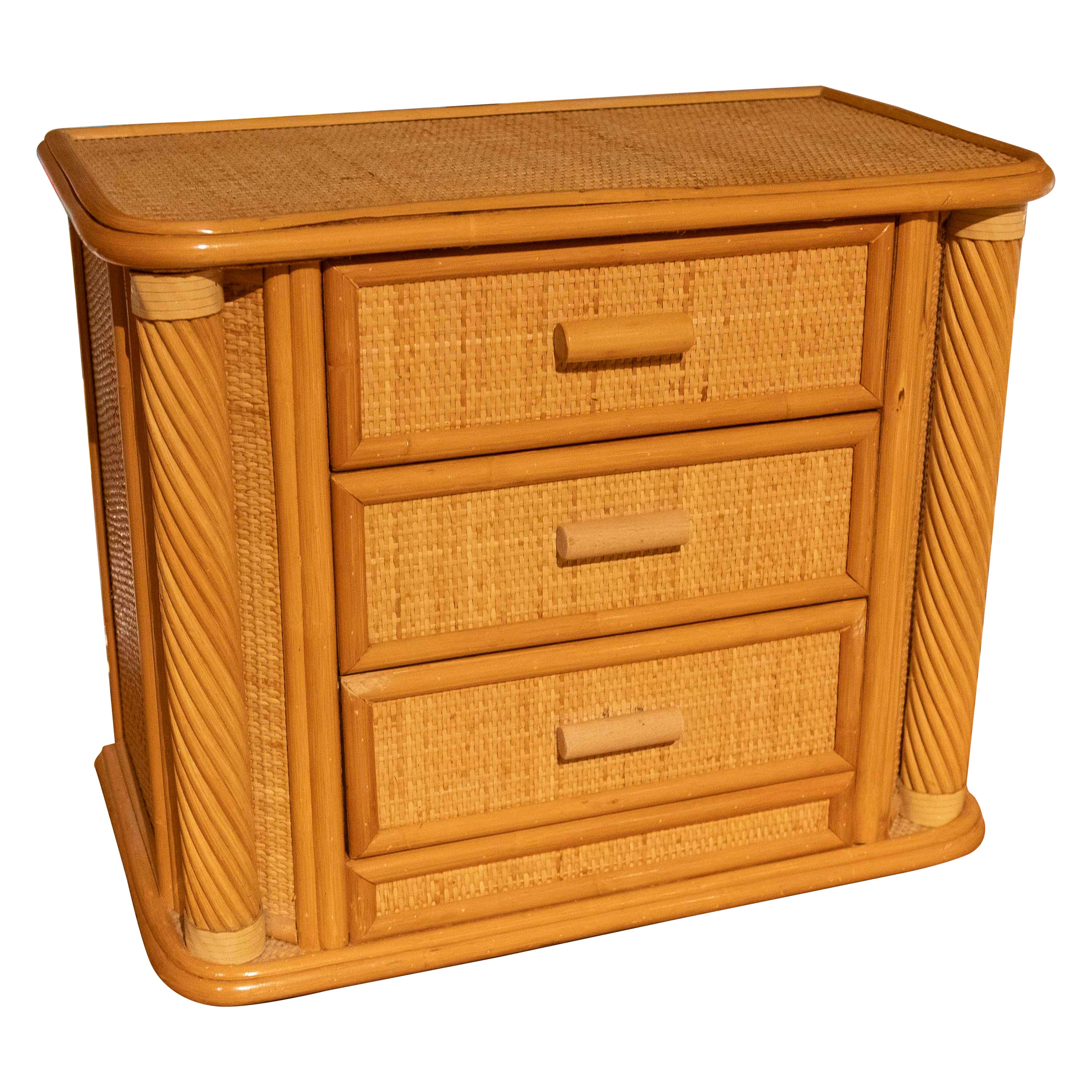 1970s Vintage Bamboo and Rattan Lattice Nightstand with Three Drawers For Sale