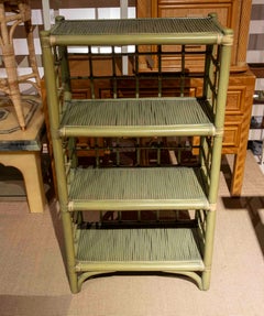1970s Vintage Bamboo and Rattan Shelving Unit Painted Green