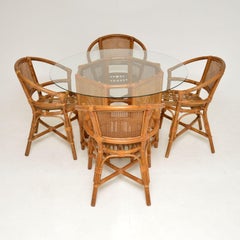 1970's Vintage Bamboo & Rattan Dining Table & 4 Chairs