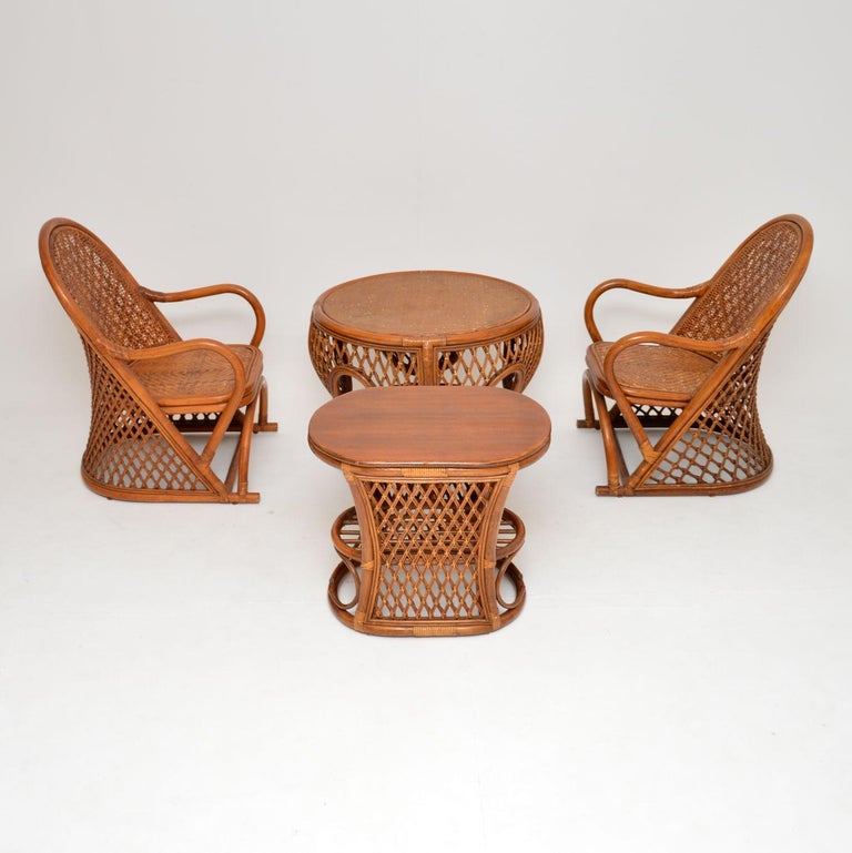 1970's Vintage Bamboo and Rattan Pair of Armchairs, Coffee and Side