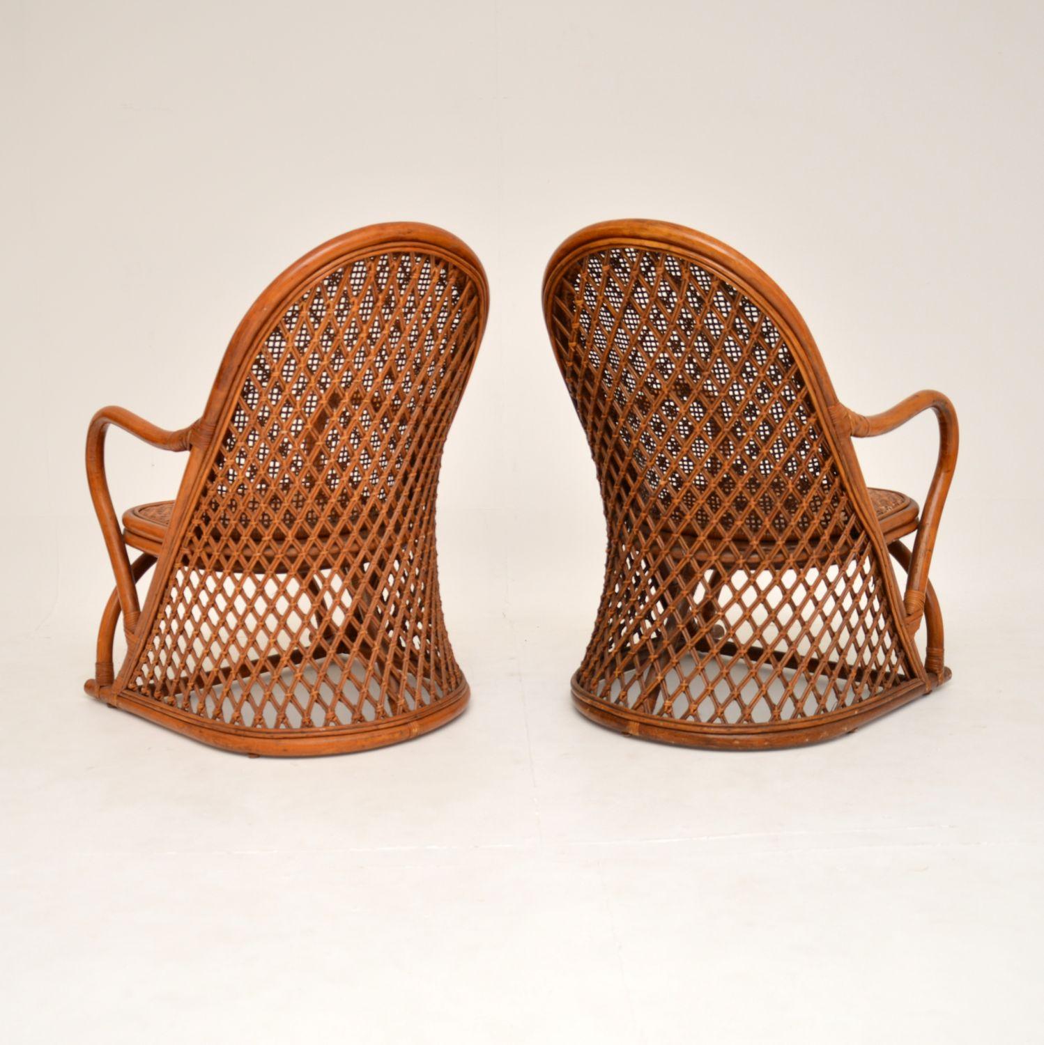 English 1970's Vintage Bamboo & Rattan Pair of Armchairs, Coffee & Side Table
