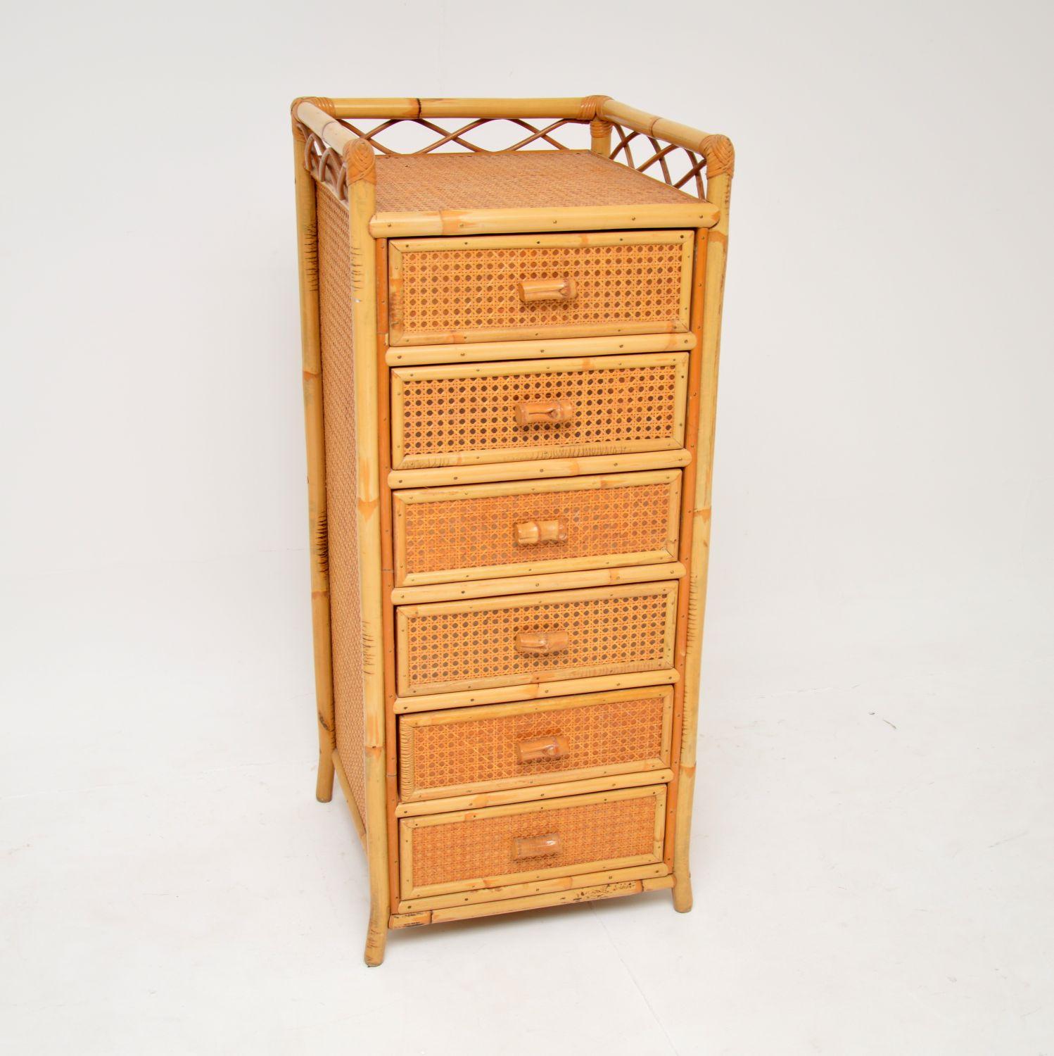 A stylish and useful vintage bamboo and rattan tallboy chest of drawers by Angraves. This was made in England it dates from around the 1970’s.

It is really well made and of super quality. This is a very useful size, tall and slim with lots of