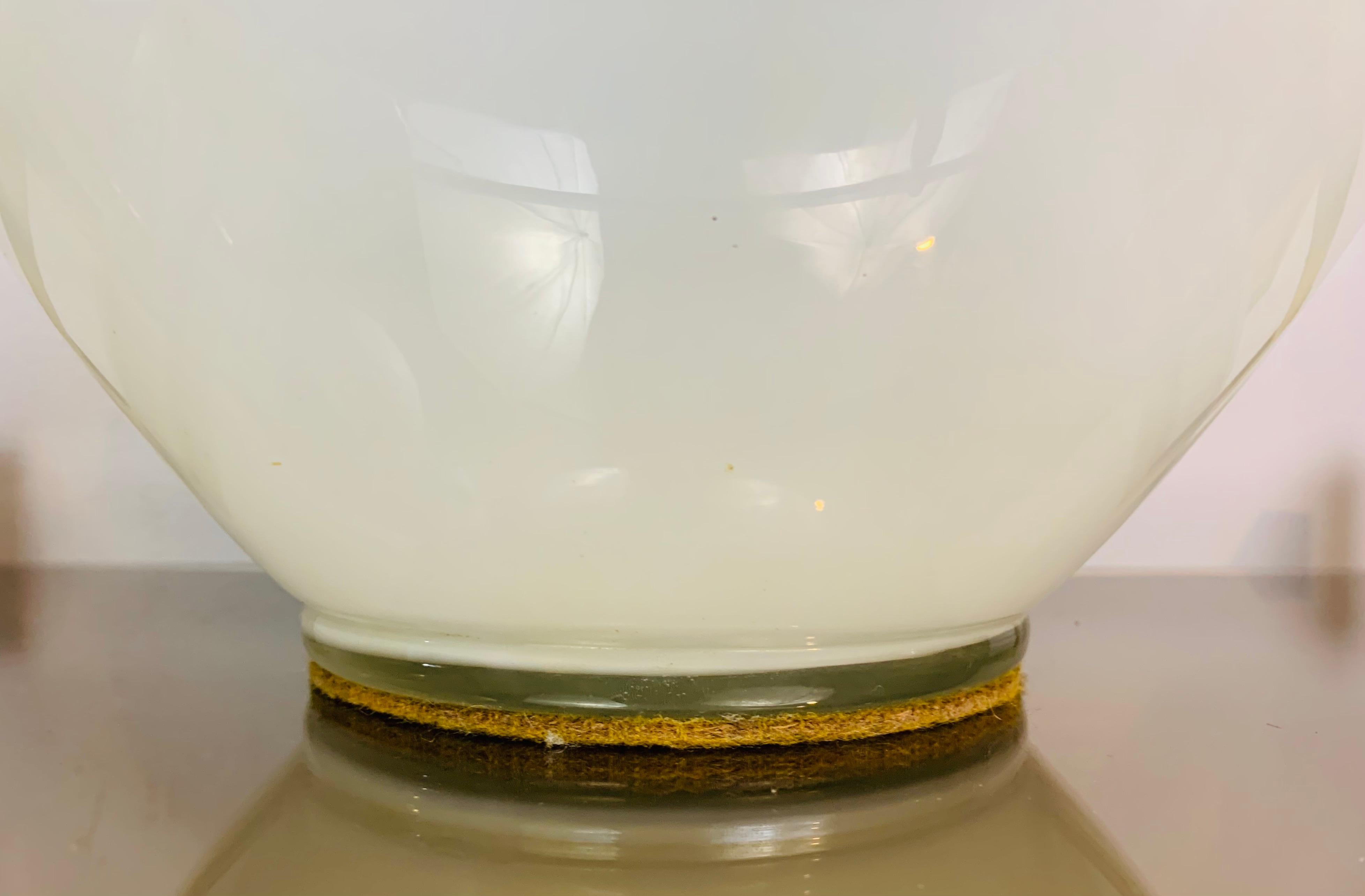 1970s Vintage Belgium White & Clear Illuminated Bulbous Glass & Brass Lamp Base 11