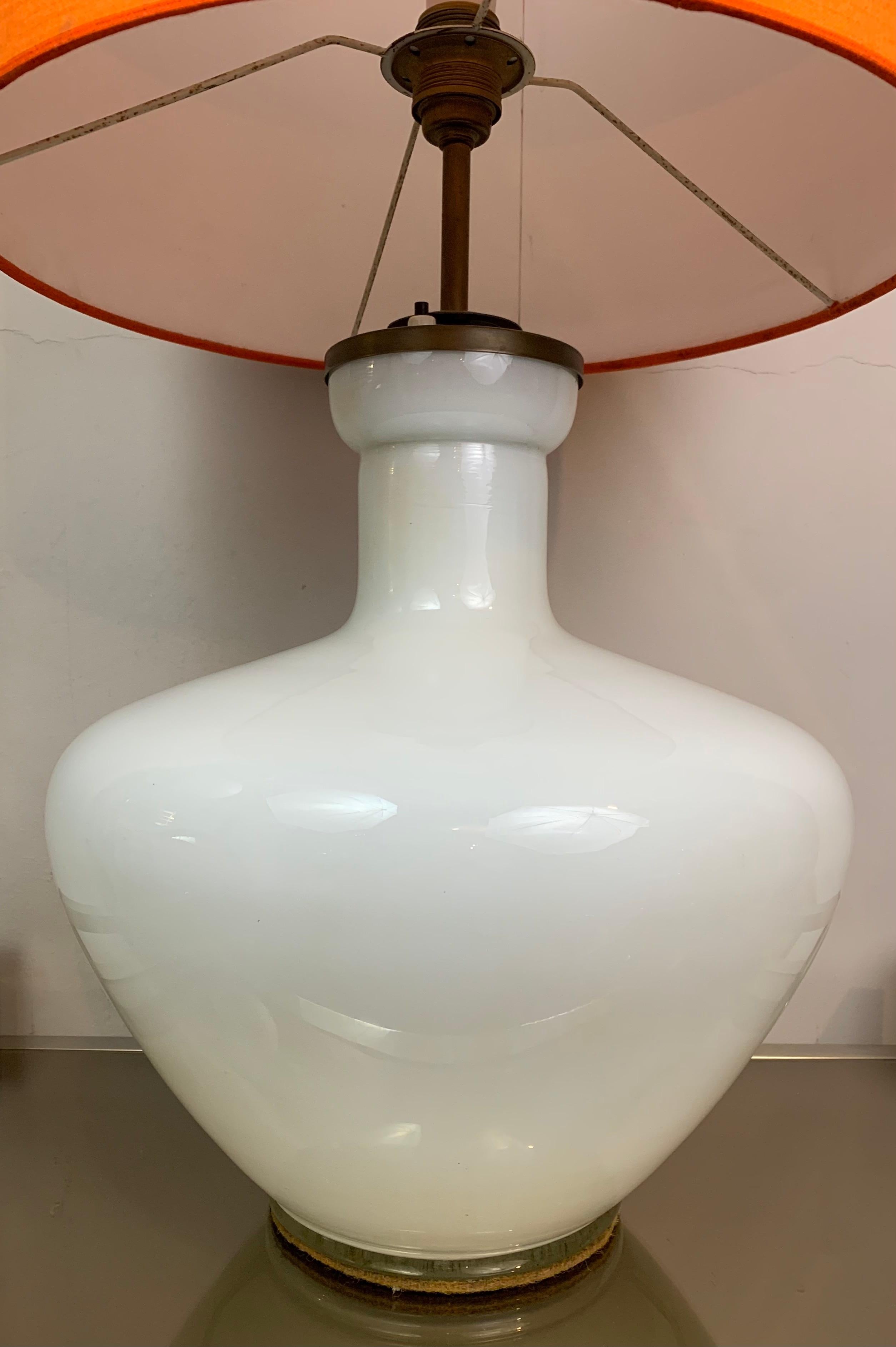 1970s Vintage Belgium White & Clear Illuminated Bulbous Glass & Brass Lamp Base 13