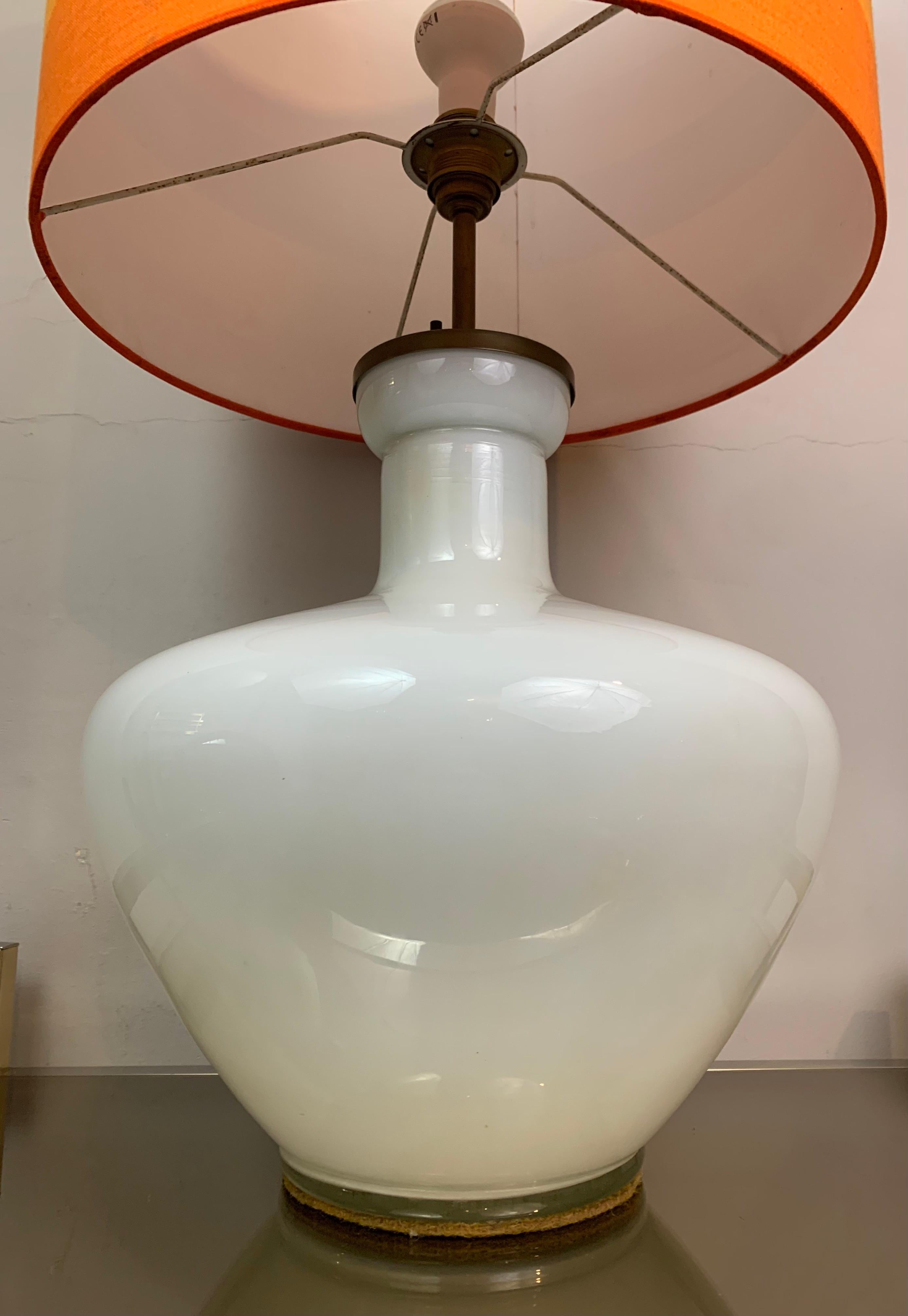 1970s Vintage Belgium White & Clear Illuminated Bulbous Glass & Brass Lamp Base 14