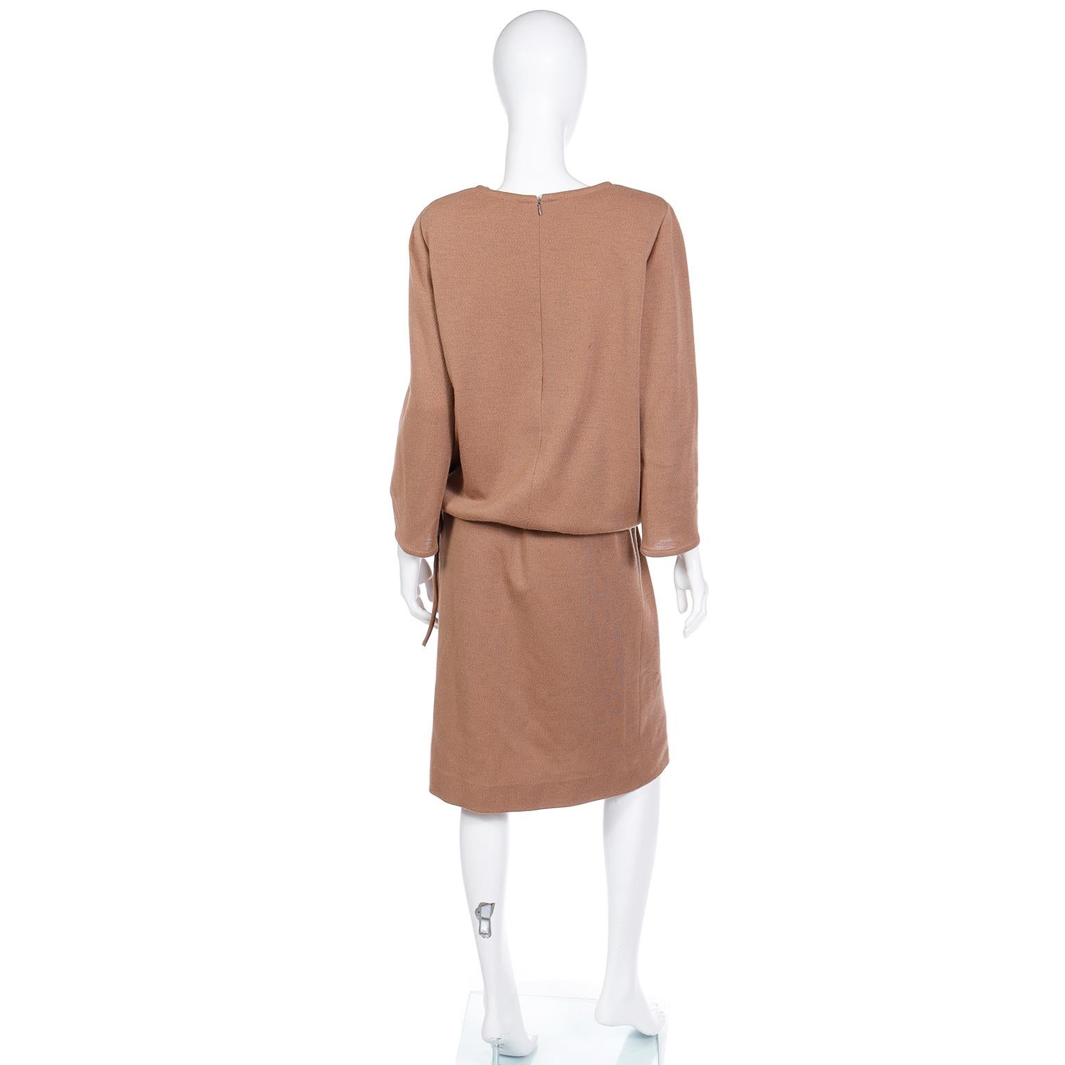 Women's 1970s Vintage Bill Blass 2Pc Camel Knit Outfit With Drawstring Top & Skirt