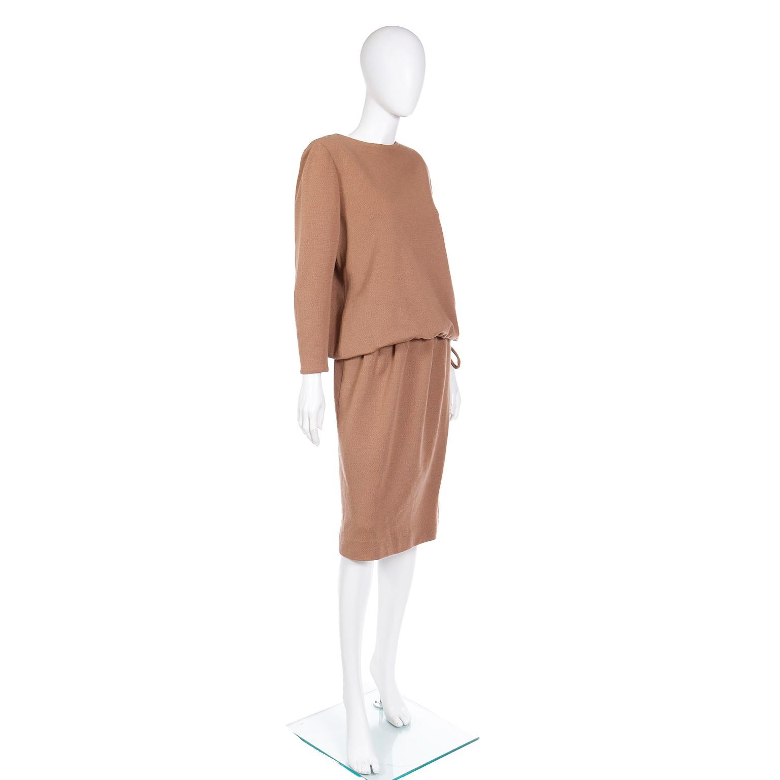 1970s Vintage Bill Blass 2Pc Camel Knit Outfit With Drawstring Top & Skirt 1
