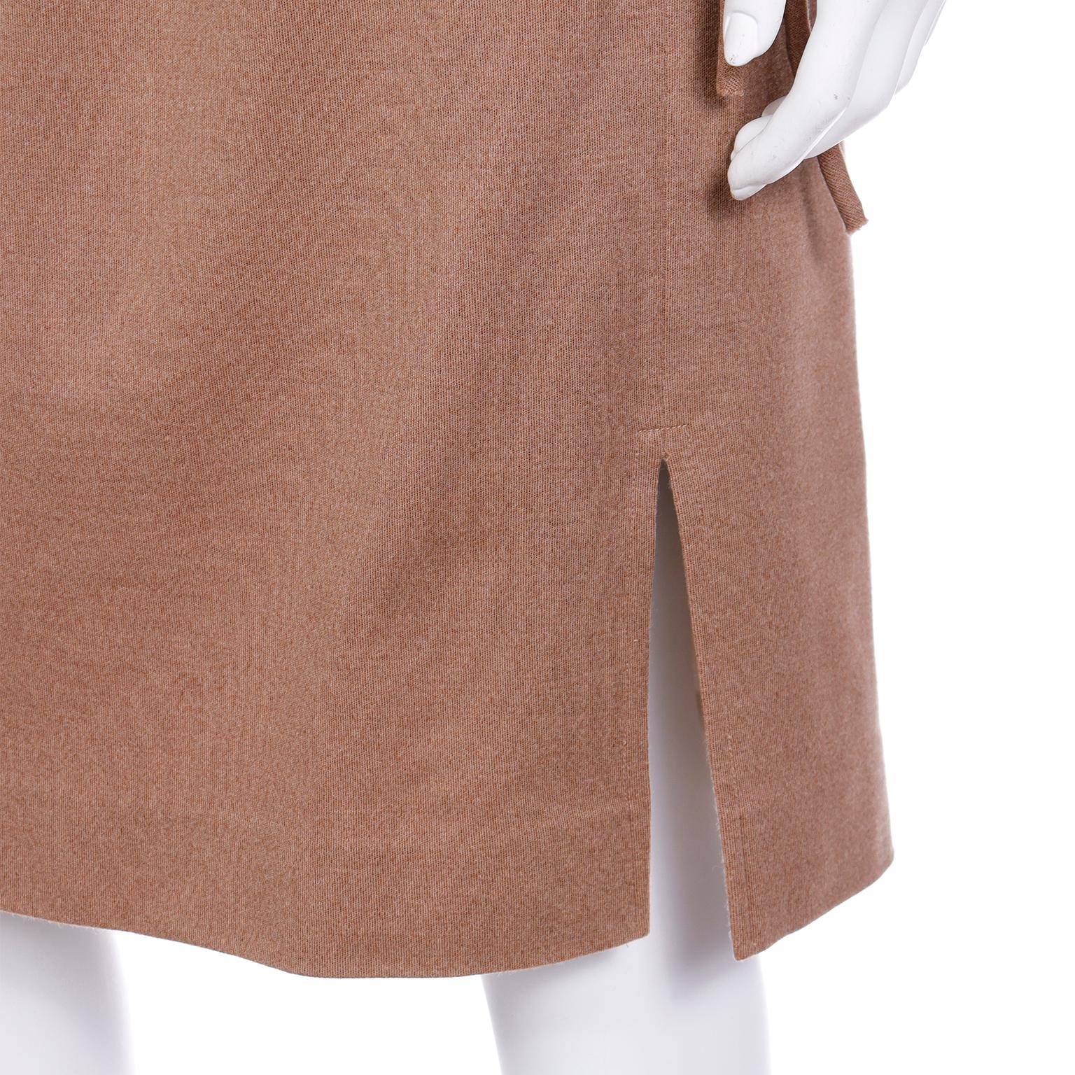 1970s Vintage Bill Blass 2Pc Camel Knit Outfit With Drawstring Top & Skirt 5