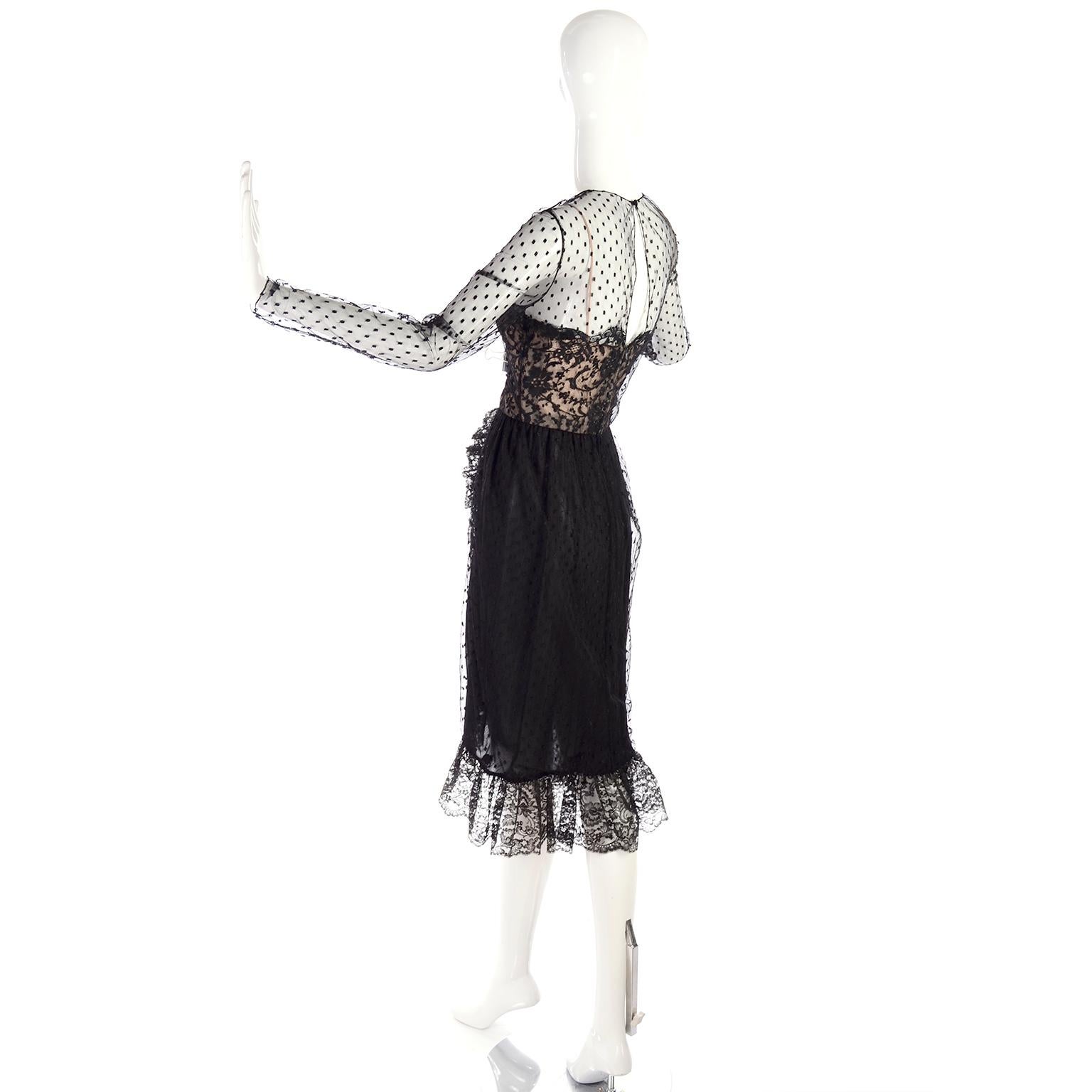 1970s Vintage Bill Blass Black Net & Lace Cocktail Dress For Sale 3