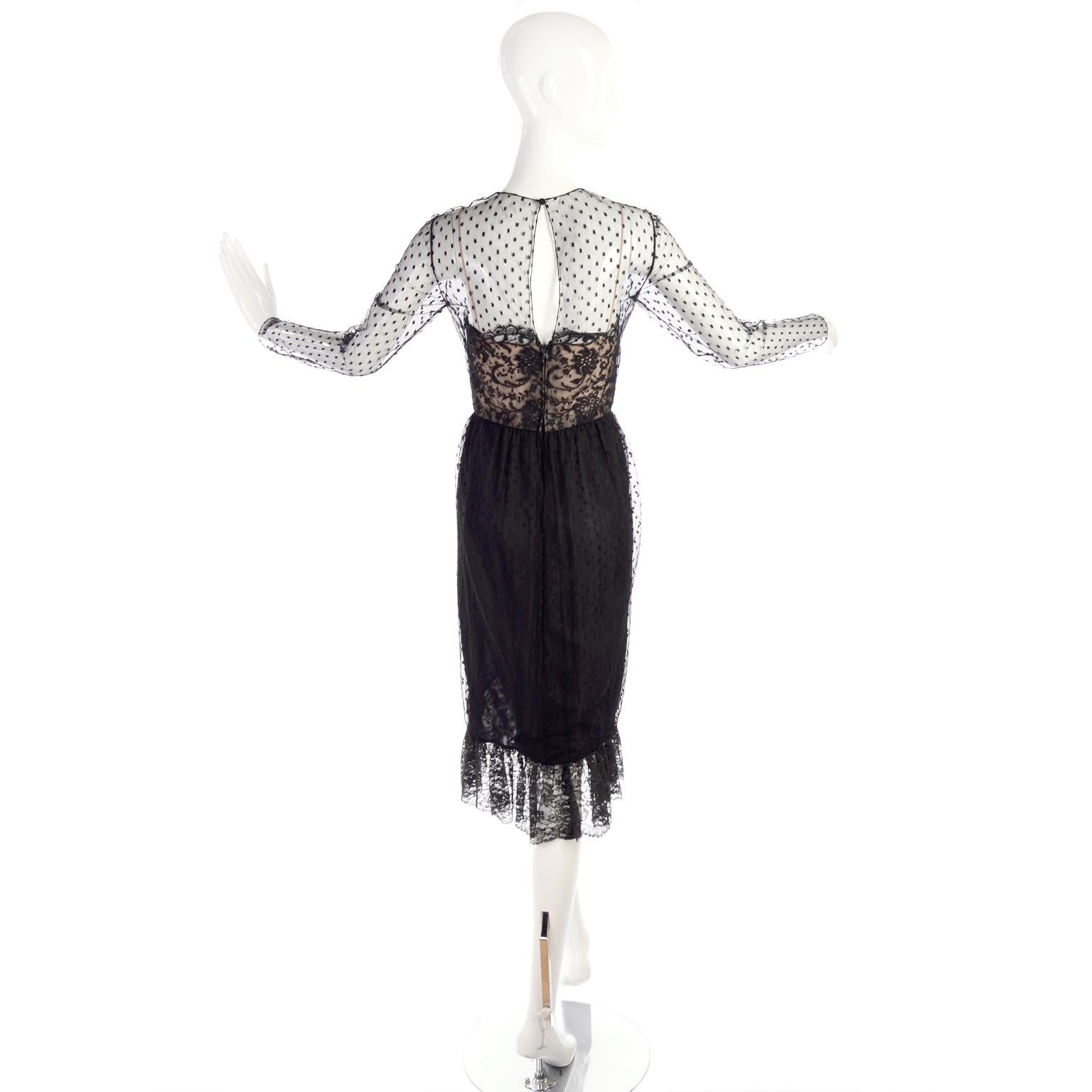 1970s Vintage Bill Blass Black Net & Lace Cocktail Dress For Sale 4