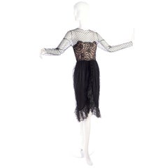 1970s Vintage Bill Blass Black Net & Lace Cocktail Dress