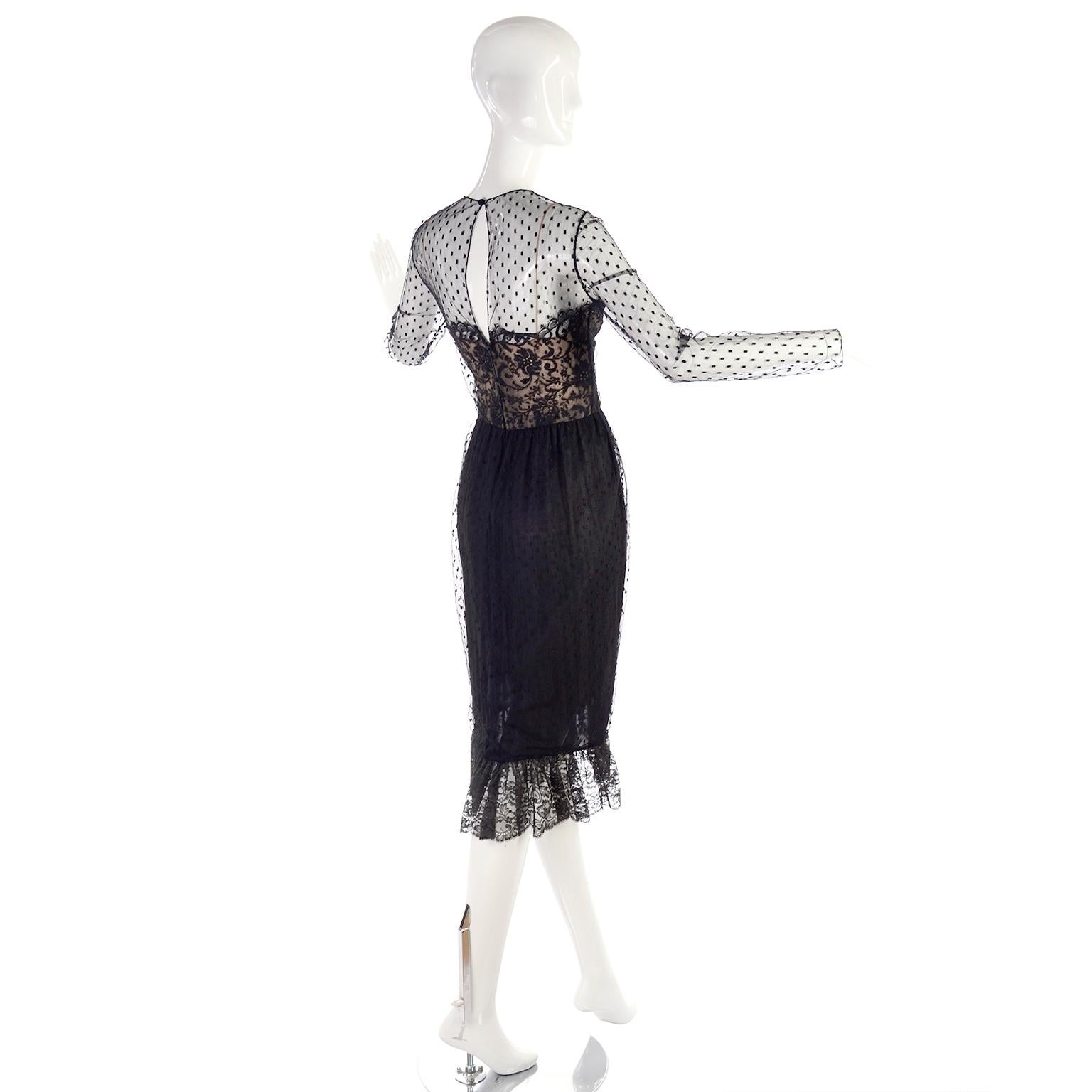 1970s Vintage Bill Blass Black Net & Lace Cocktail Dress For Sale 2