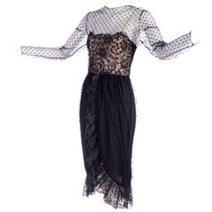 1970s Retro Bill Blass Black Net & Lace Cocktail Dress