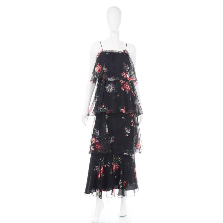 1970s Dress Vintage Black Floral Chiffon Dress