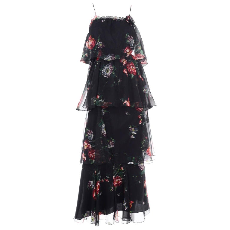 1970s Vintage Black Floral Chiffon 2 Pc Mini Or Long Dress w Tiers and ...