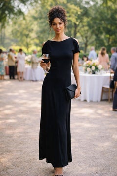 1970s Vintage Black Jersey Maxi Dress with Flutter Sleeves Clovis Ruffin Saks