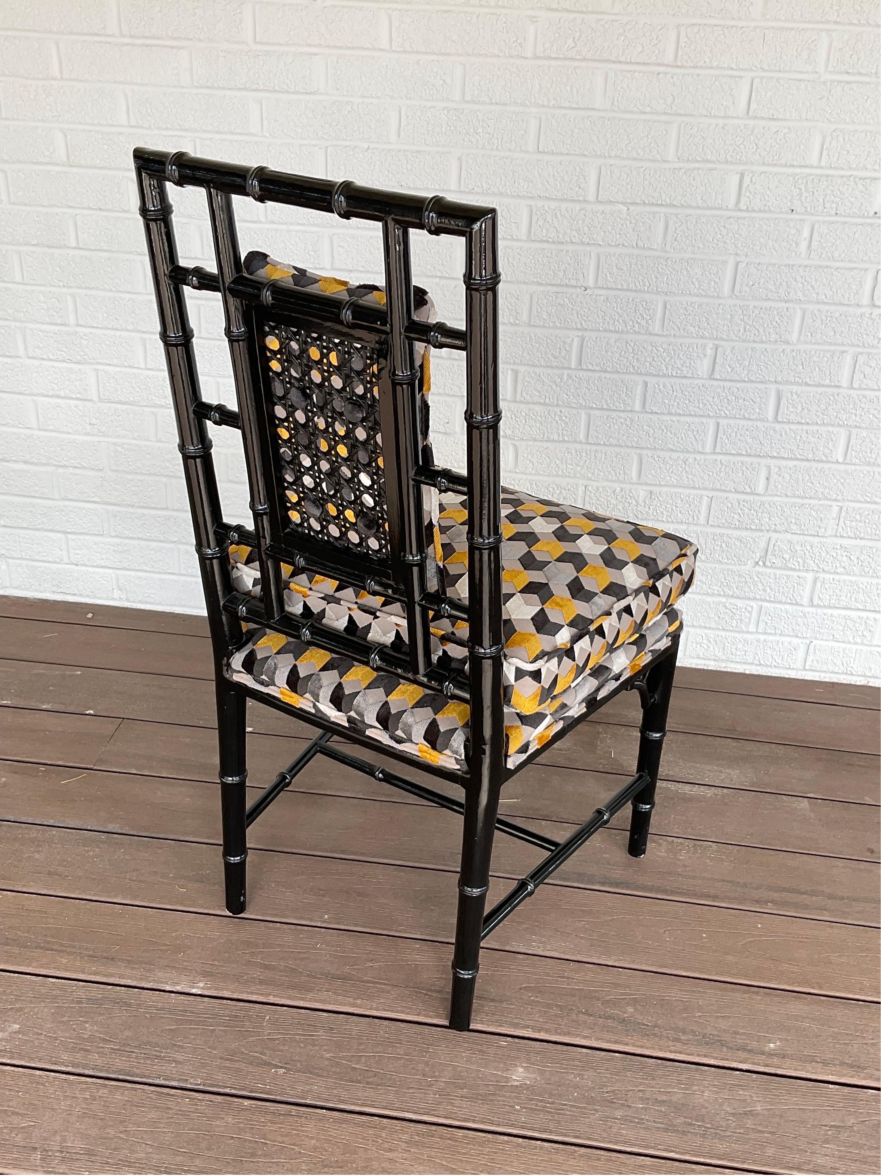 Lacquer 1970s Vintage Black lacquered Chinoiserie Faux Bamboo Chair For Sale