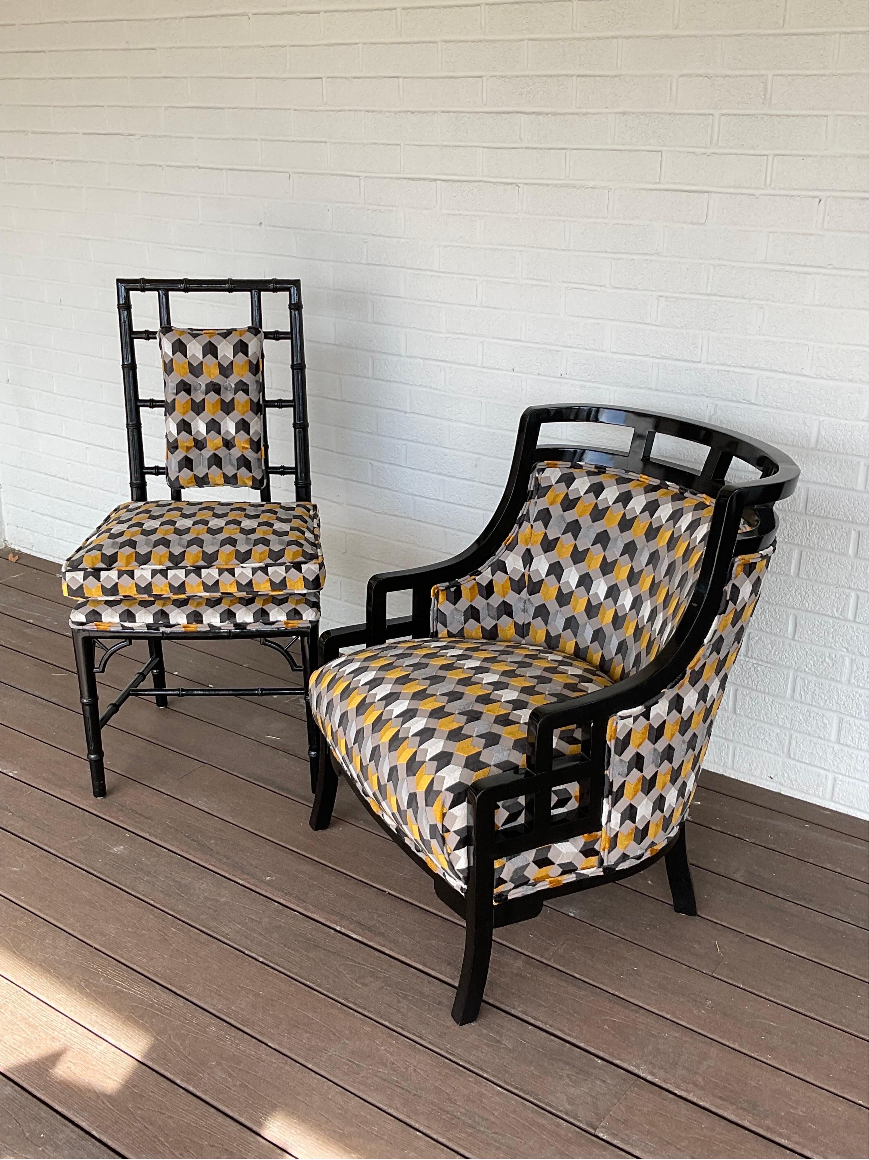 1970s Vintage Black lacquered Chinoiserie Faux Bamboo Chair For Sale 1