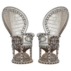 1970s Vintage Black & White Woven Grand Peacock Chair- A Pair