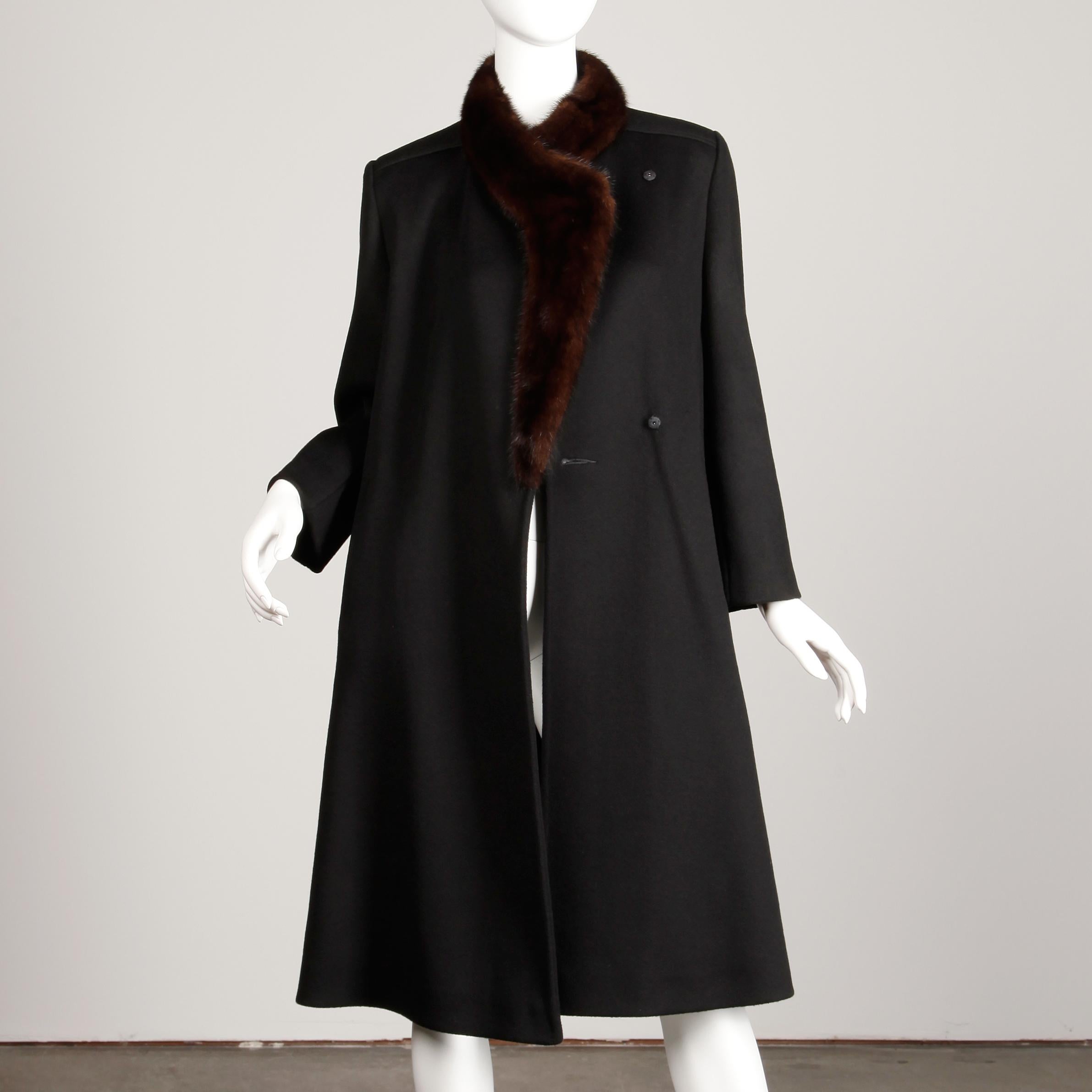 1970s Vintage Black Wool + Brown Asymmetric Mink Fur Classic Coat In Excellent Condition In Sparks, NV