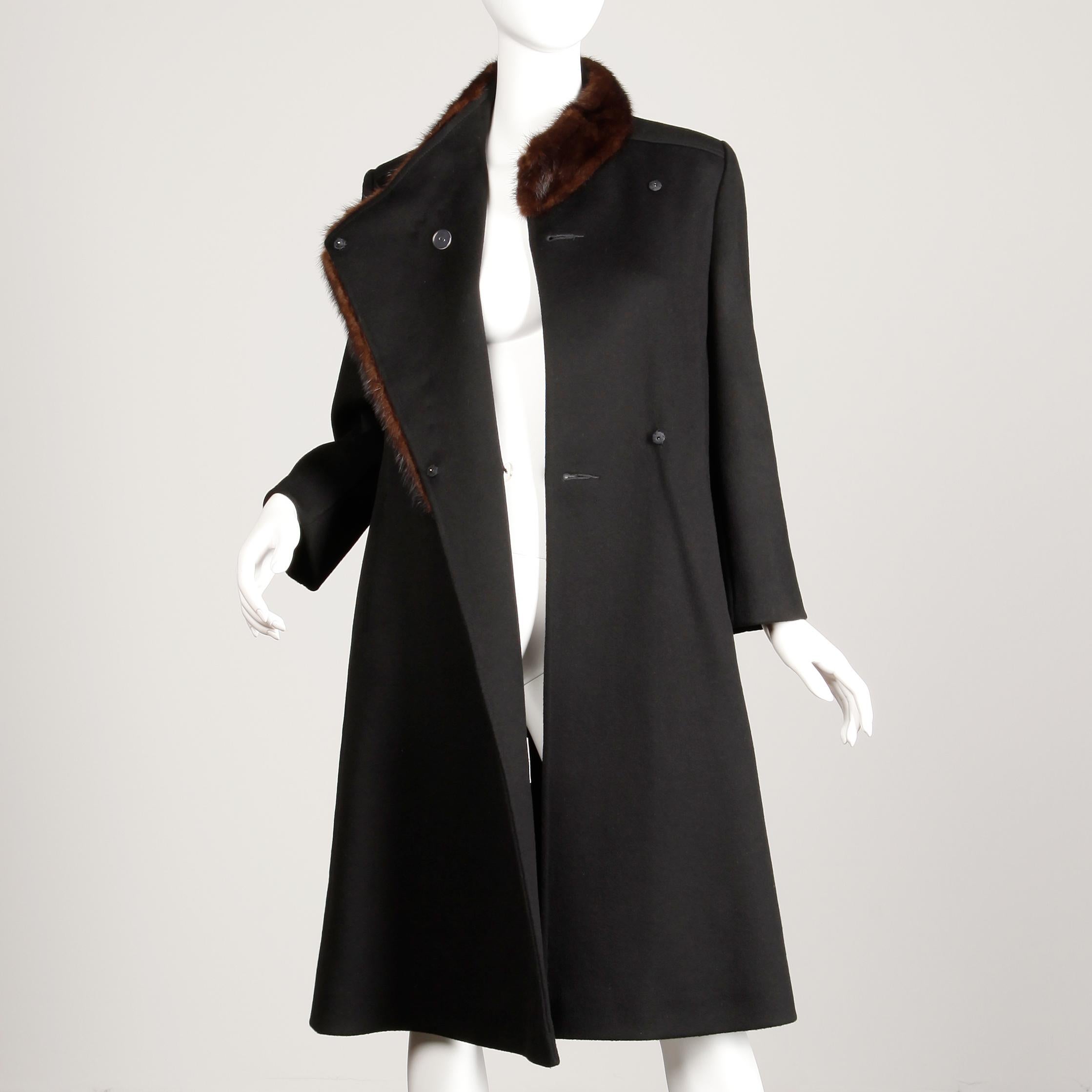 Women's 1970s Vintage Black Wool + Brown Asymmetric Mink Fur Classic Coat