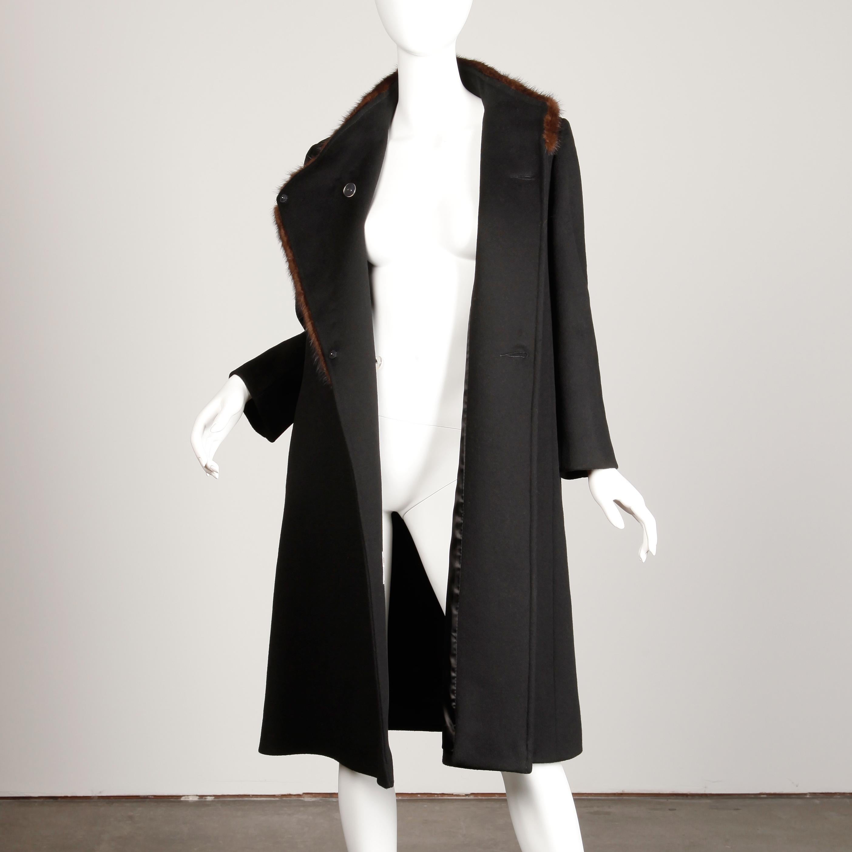 Women's 1970s Vintage Black Wool + Brown Asymmetric Mink Fur Classic Coat For Sale
