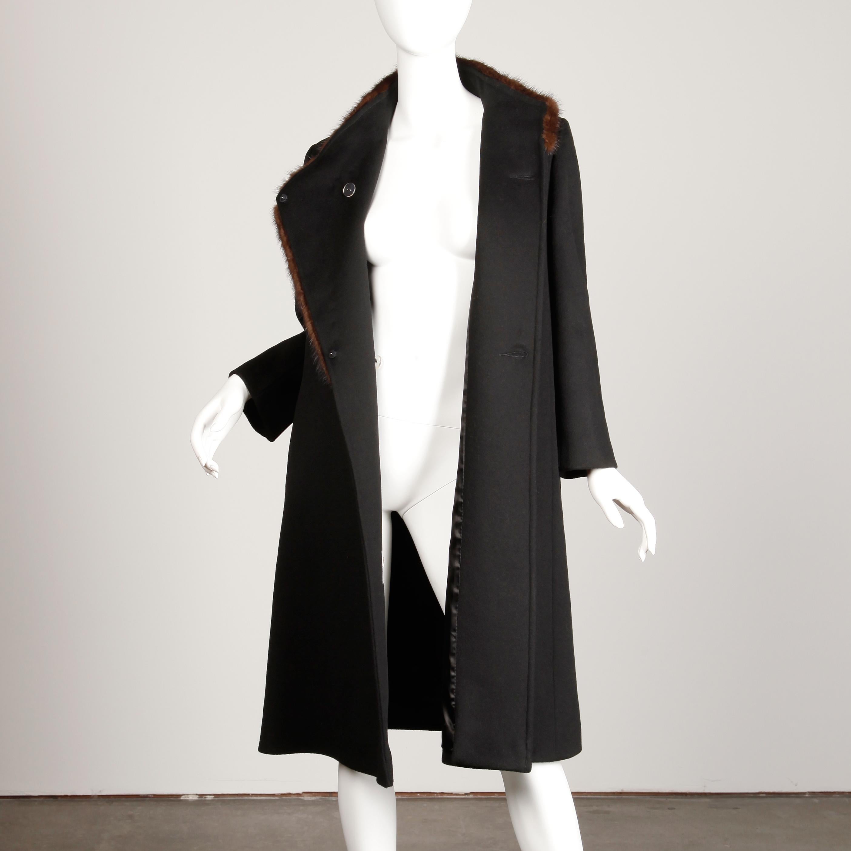 1970s Vintage Black Wool + Brown Asymmetric Mink Fur Classic Coat 1
