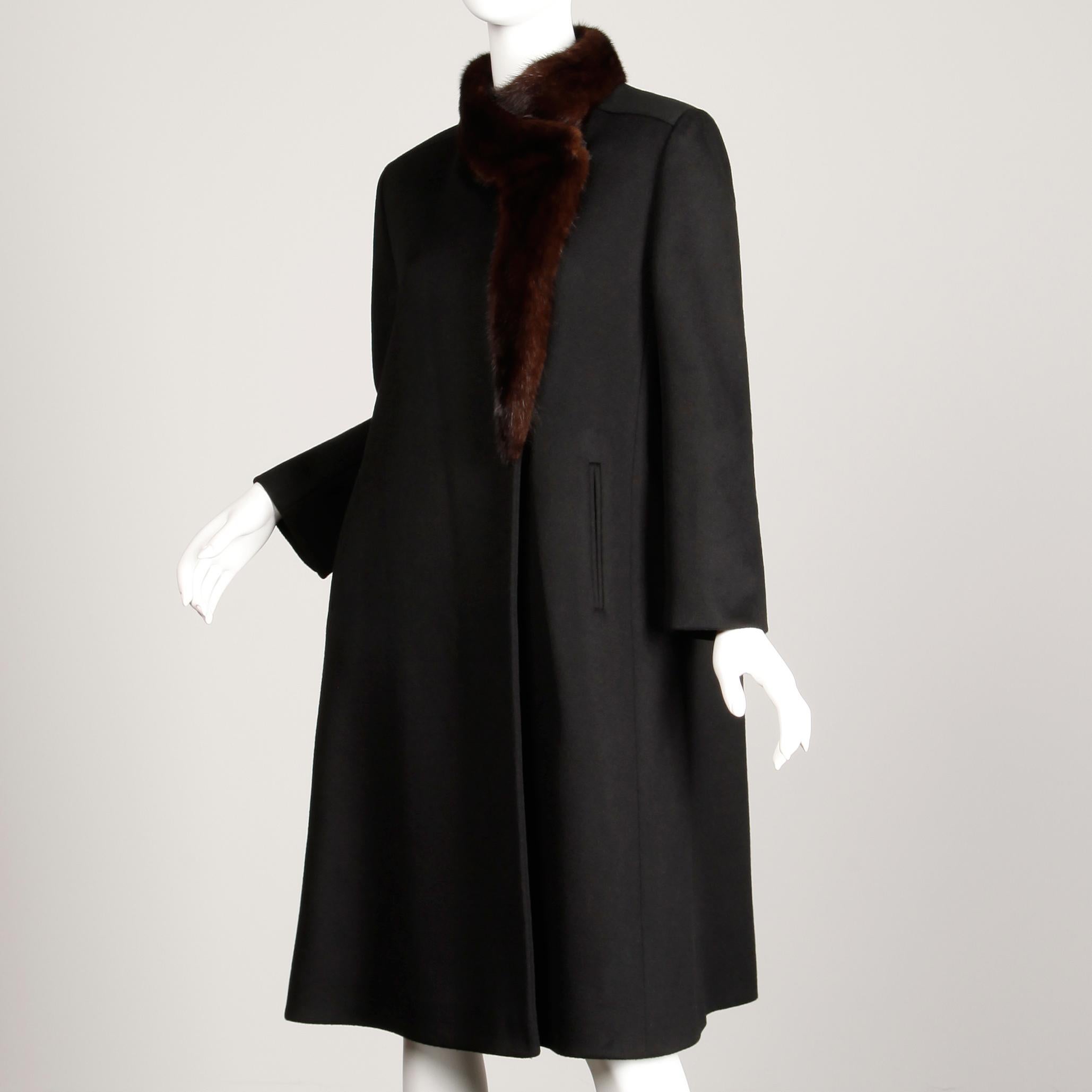 1970s Vintage Black Wool + Brown Asymmetric Mink Fur Classic Coat For Sale 1