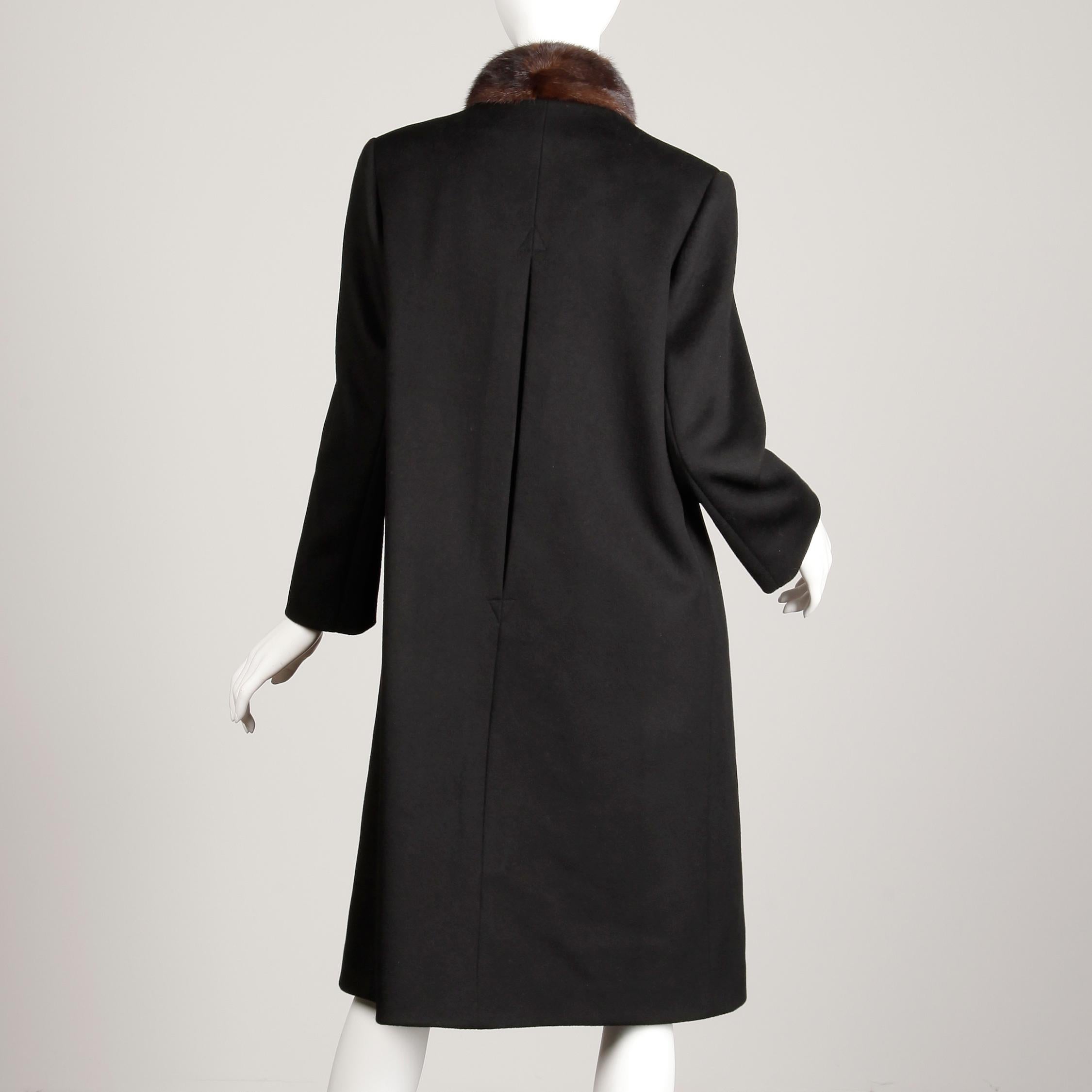 1970s Vintage Black Wool + Brown Asymmetric Mink Fur Classic Coat For Sale 2