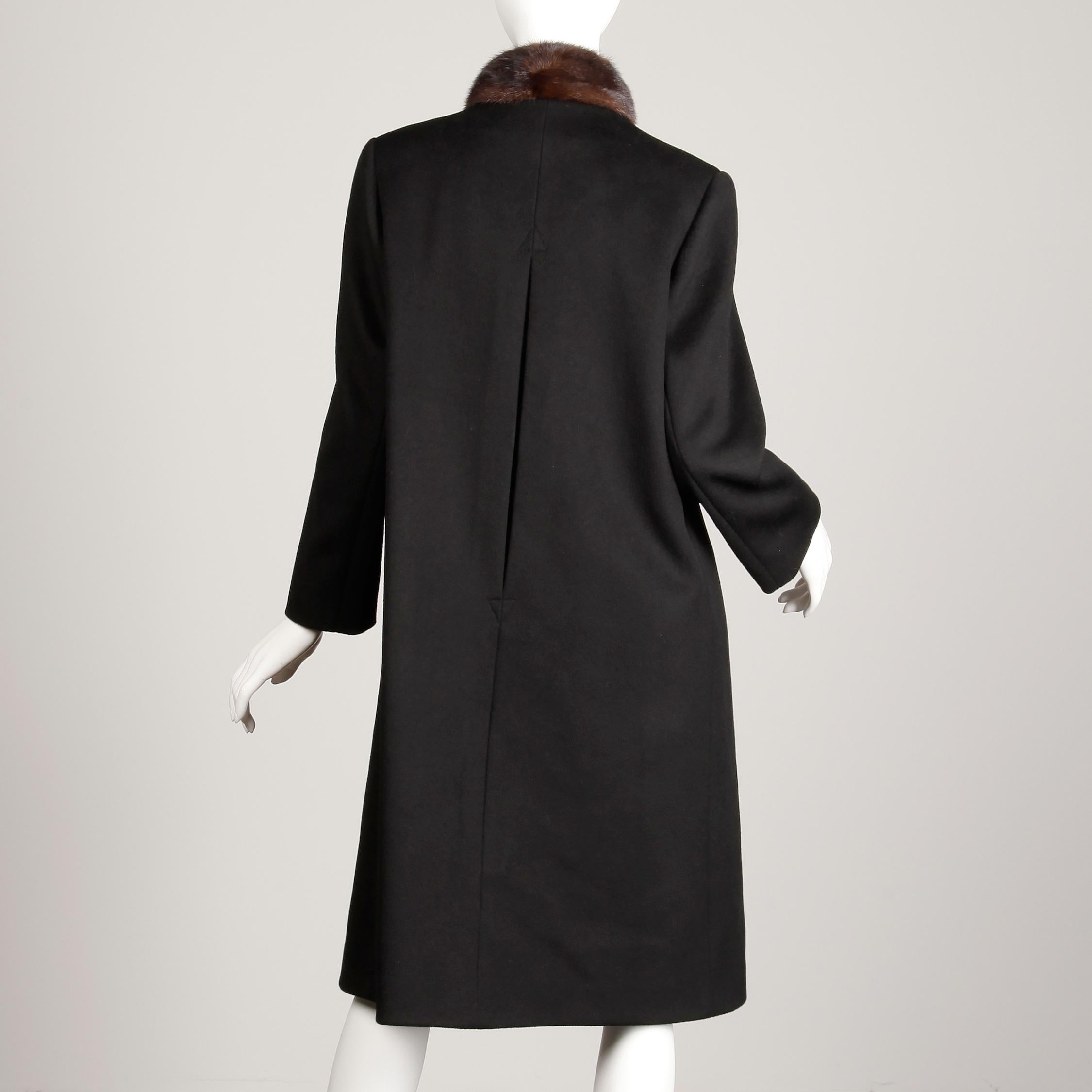 1970s Vintage Black Wool + Brown Asymmetric Mink Fur Classic Coat 3