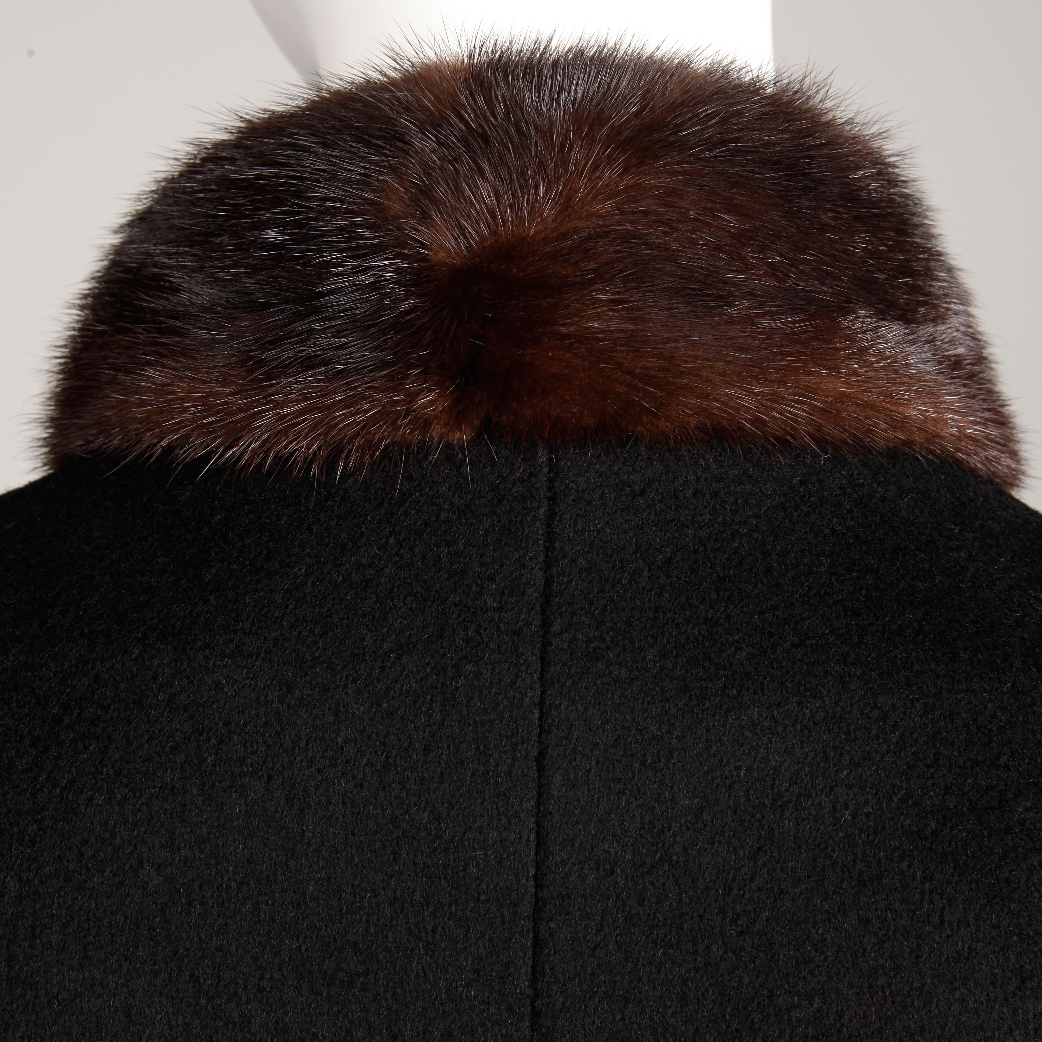 1970s Vintage Black Wool + Brown Asymmetric Mink Fur Classic Coat For ...