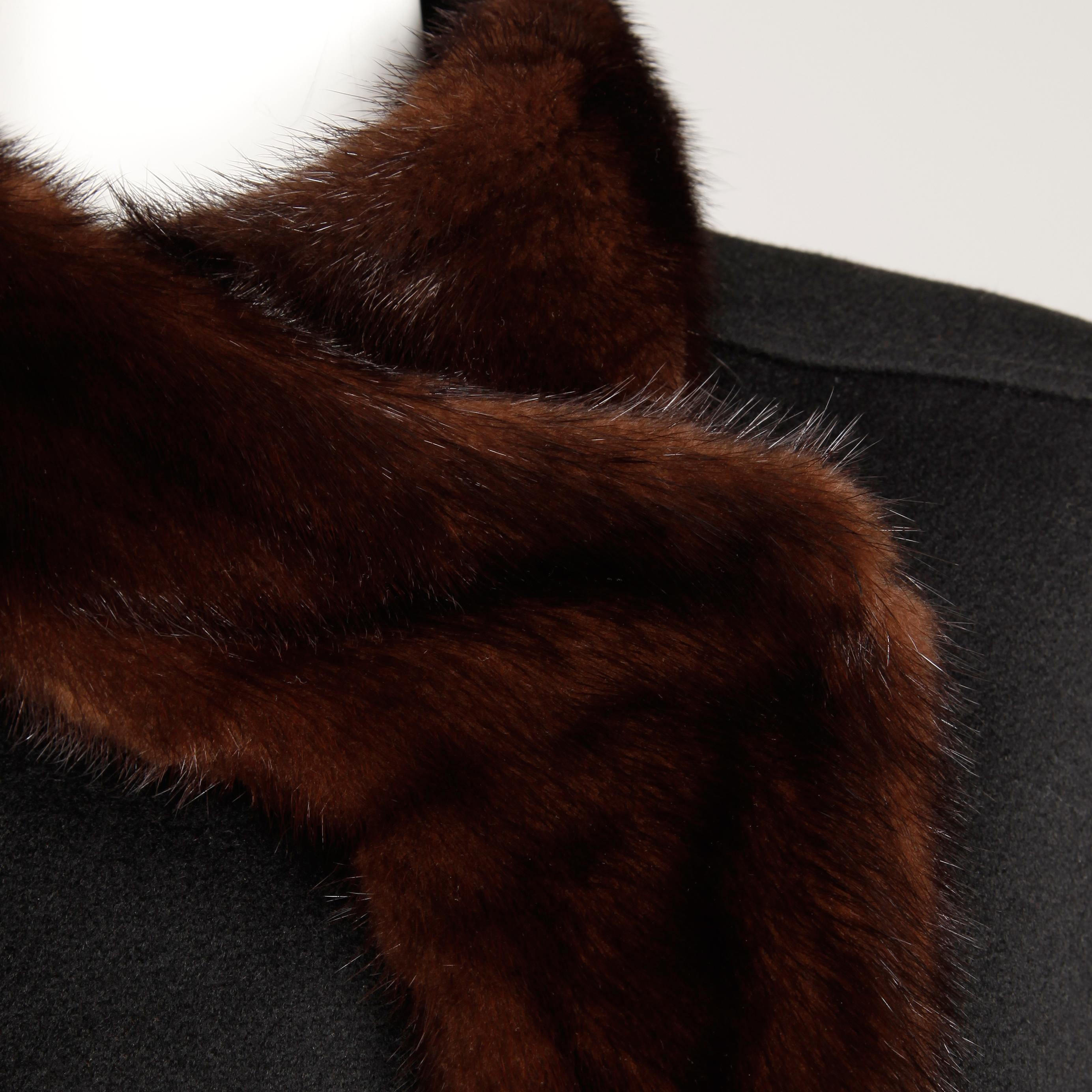 1970s Vintage Black Wool + Brown Asymmetric Mink Fur Classic Coat For Sale 4