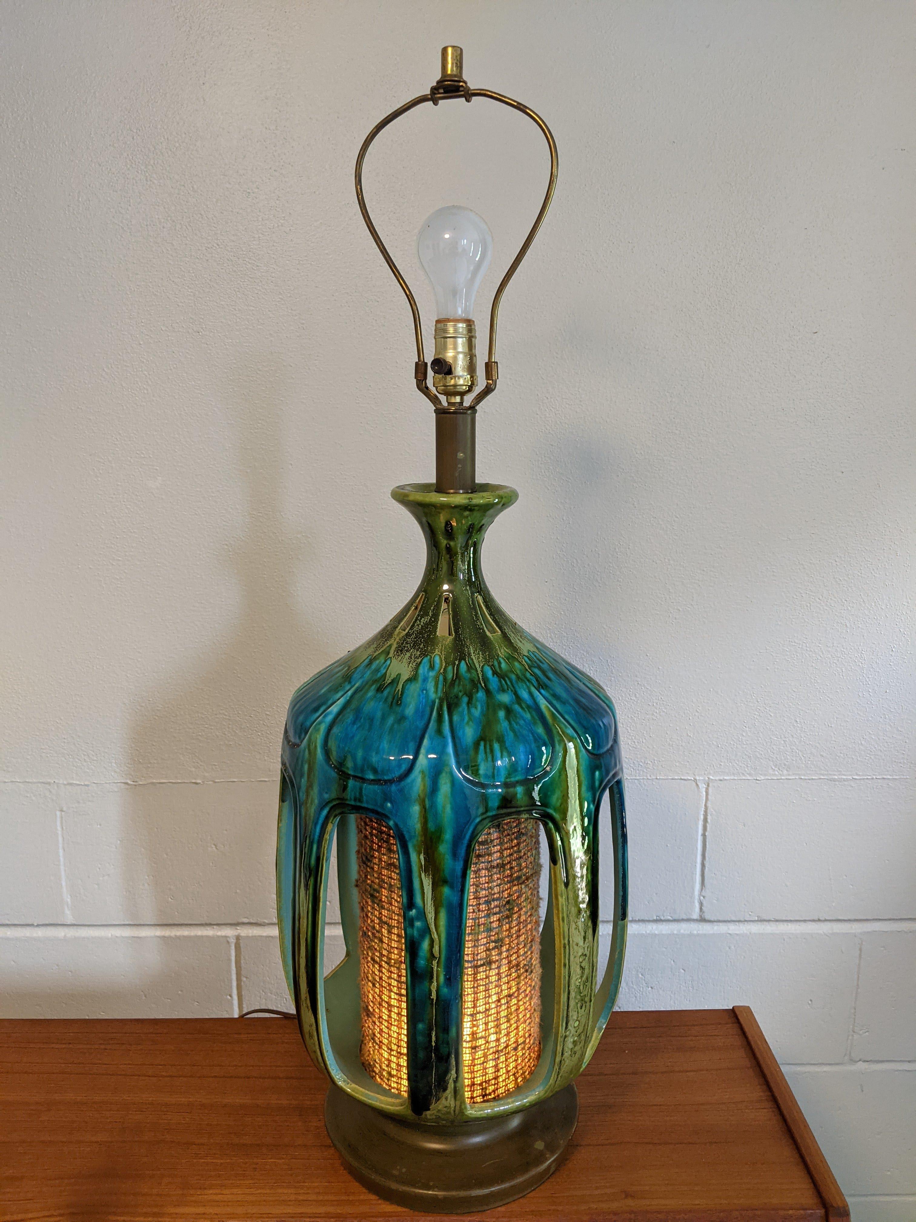 Brass 1970s Vintage Blue Green Drip Glaze Honi Chilo Lamp