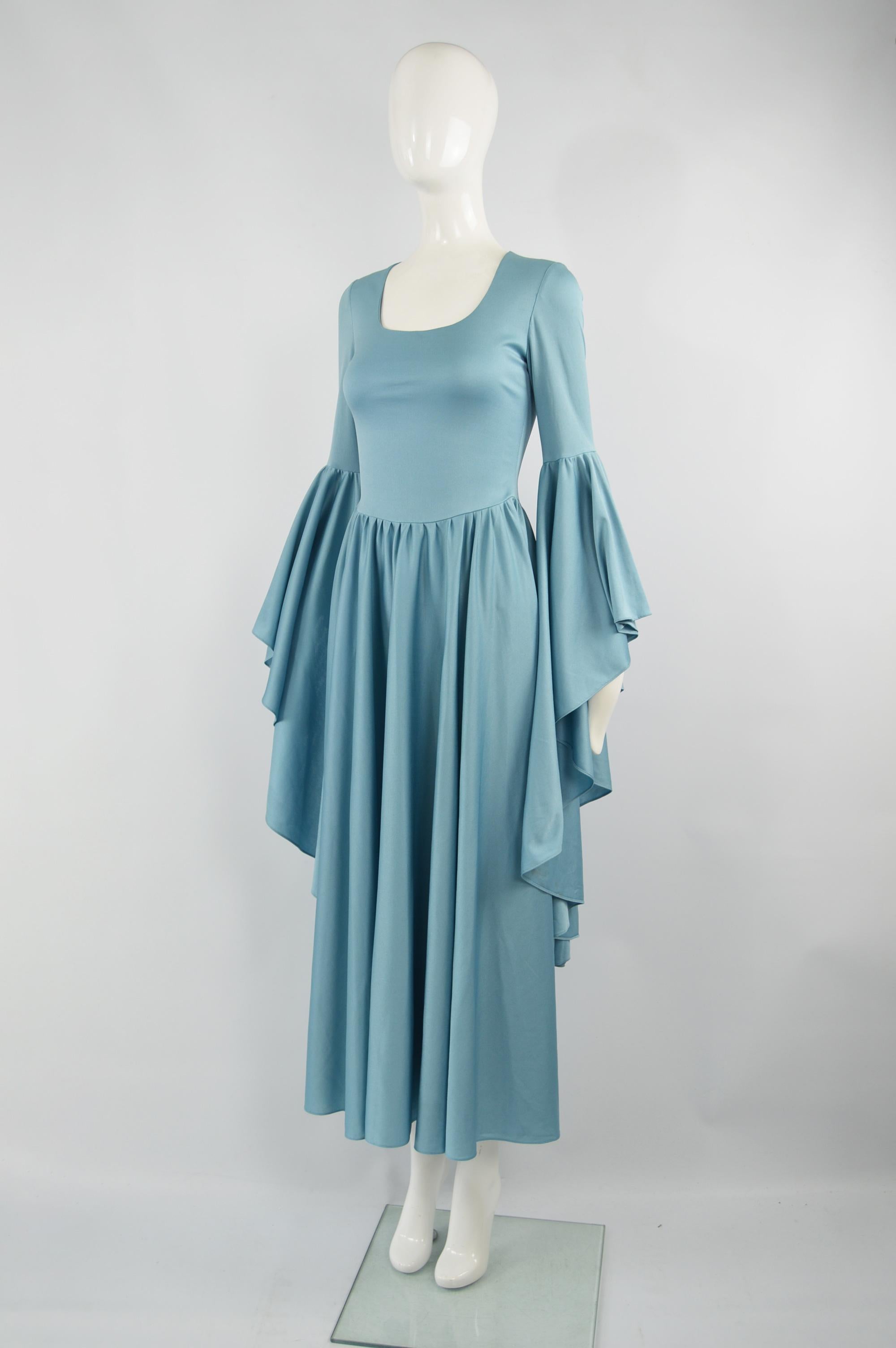 Women's 1970s Vintage Blue Jersey Huge Bell Sleeve Boho Dress Evening Gown